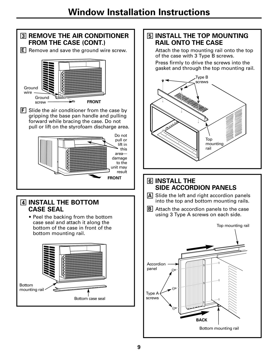 GE AEE12, AEE08 installation instructions Install the Bottom Case Seal, Install Side Accordion Panels 