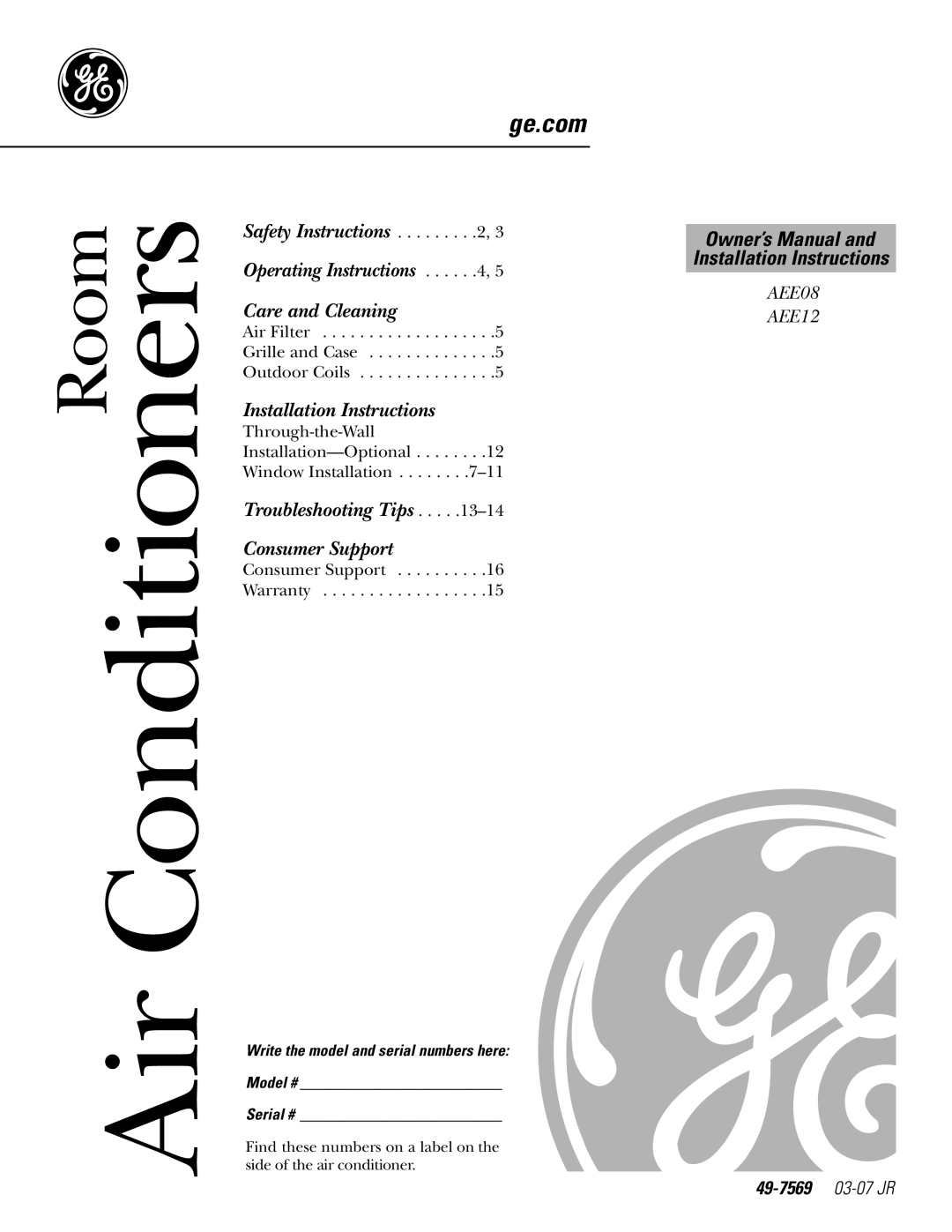GE AEE12 installation instructions 49-7569 03-07JR, Air Conditioners, Room, Operating Instructions, Care and Cleaning 