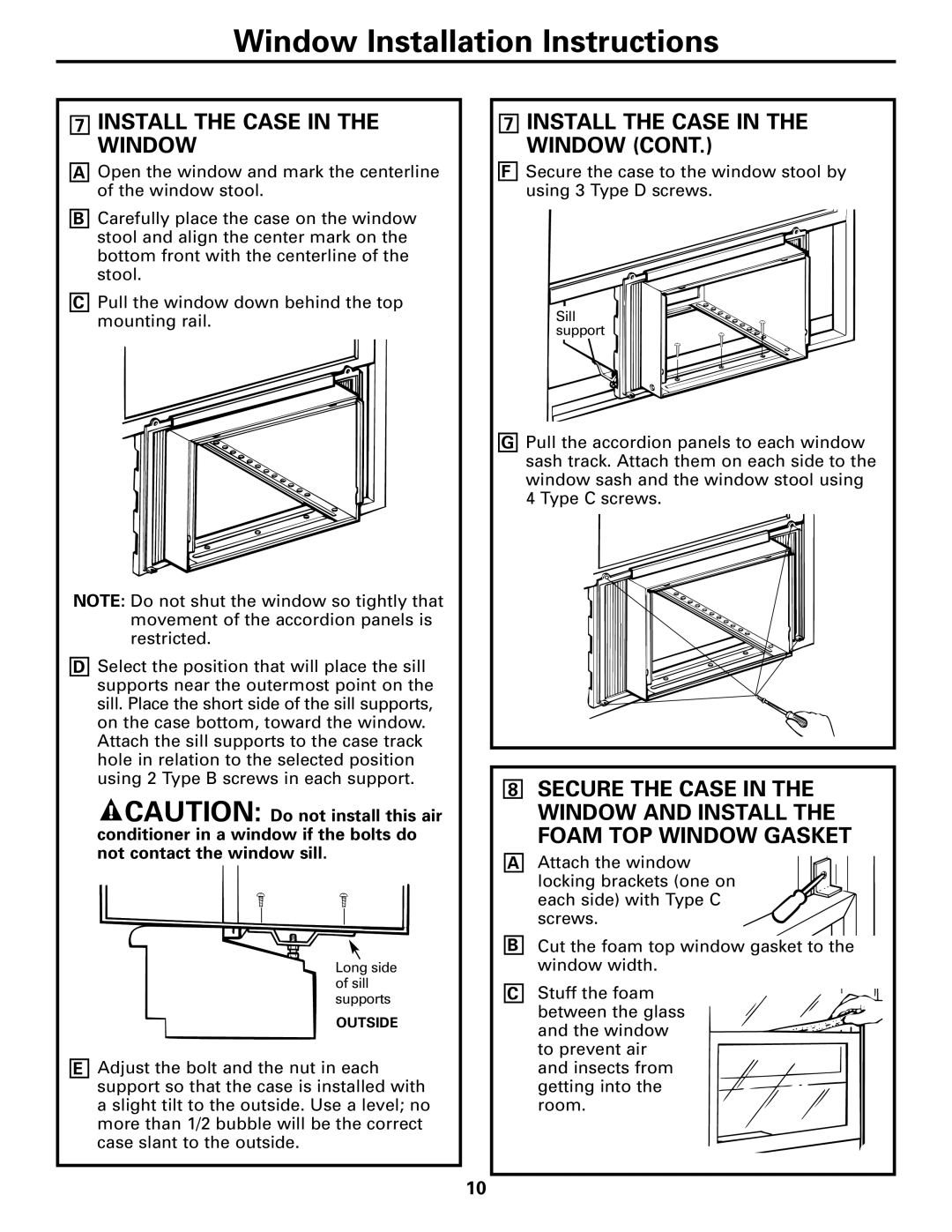 GE AEE08, AEE12 7INSTALL THE CASE IN THE WINDOW CONT, Window Installation Instructions, Outside 