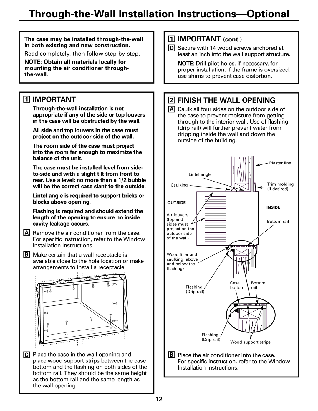 GE AEE08, AEE12 installation instructions IMPORTANT cont, 1IMPORTANT, 2FINISH THE WALL OPENING 