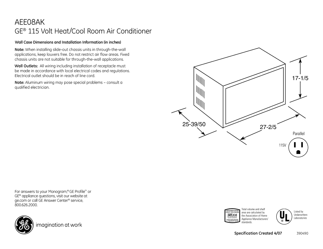 GE AEE08AK dimensions GE 115 Volt Heat/Cool Room Air Conditioner, 17-1/5 25-39/5027-2/5, Parallel 