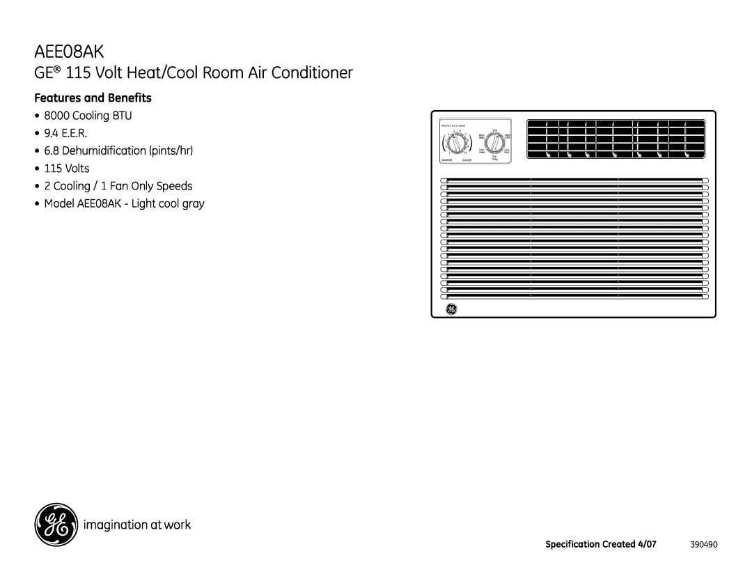 GE AEE08AK GE 115 Volt Heat/Cool Room Air Conditioner, Features and Benefits, Cooling BTU 9.4 E.E.R, 390490, High, Only 