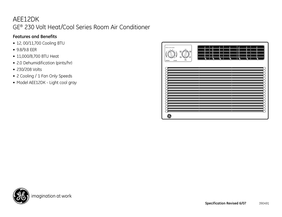 GE AEE12DK dimensions GE 230 Volt Heat/Cool Series Room Air Conditioner, Features and Benefits 