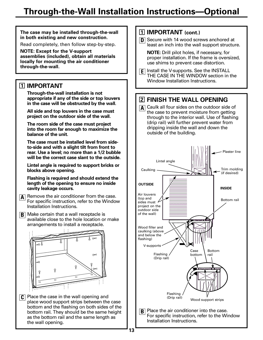 GE AEE18 owner manual Through-the-Wall Installation Instructions-Optional, Finish the Wall Opening 