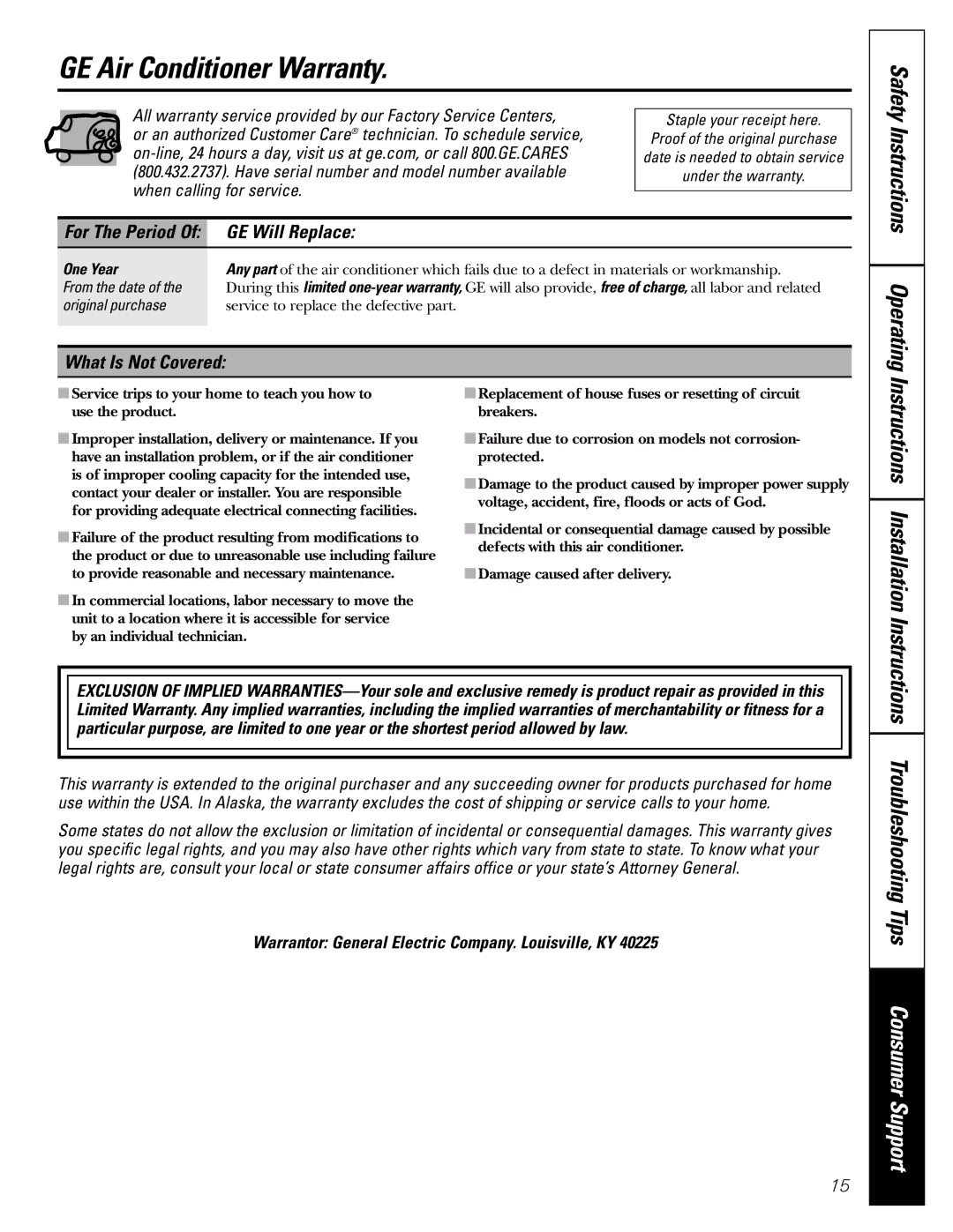 GE AEE18 owner manual GE Air Conditioner Warranty, GE Will Replace, What Is Not Covered 