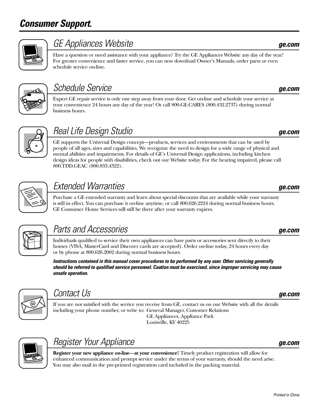 GE AEE18 Consumer Support GE Appliances Website, Schedule Service, Real Life Design Studio, Extended Warranties 