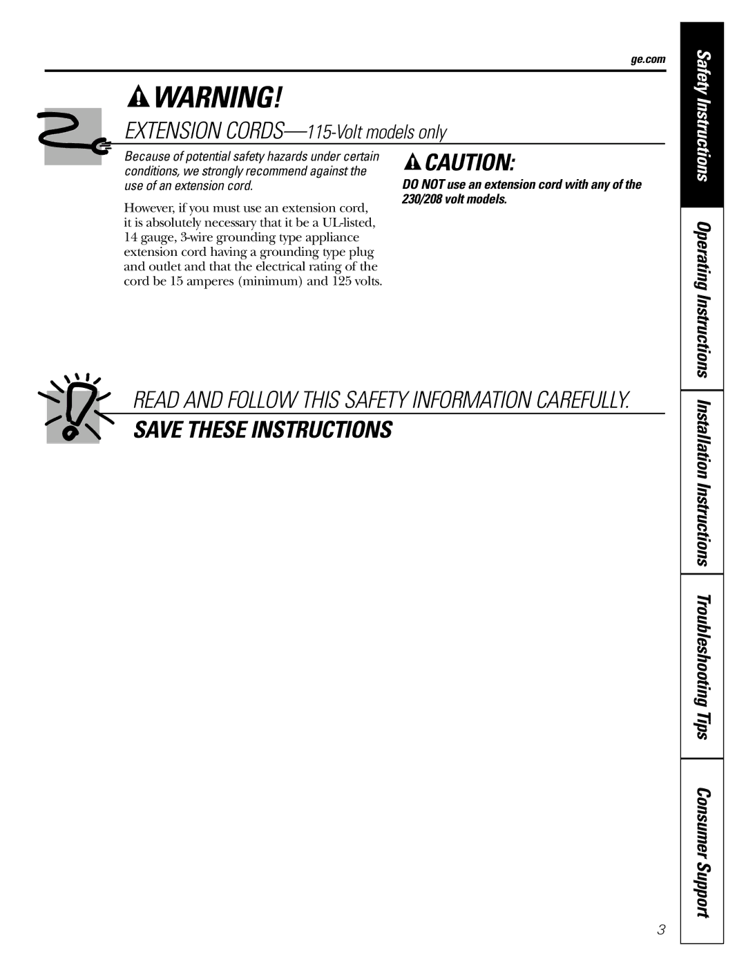 GE AEE18 owner manual Extension CORDS-115-Volt models only, Ge.com 