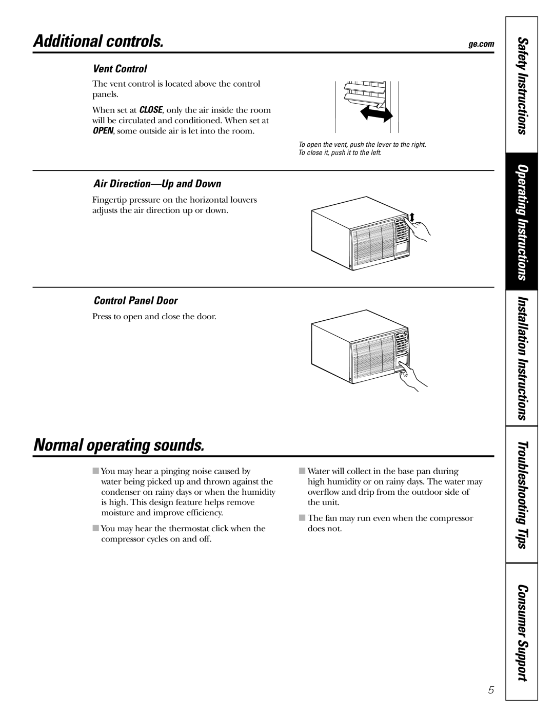 GE AEE18 Additional controls, Normal operating sounds, Vent Control, Air Direction-Up and Down, Control Panel Door 