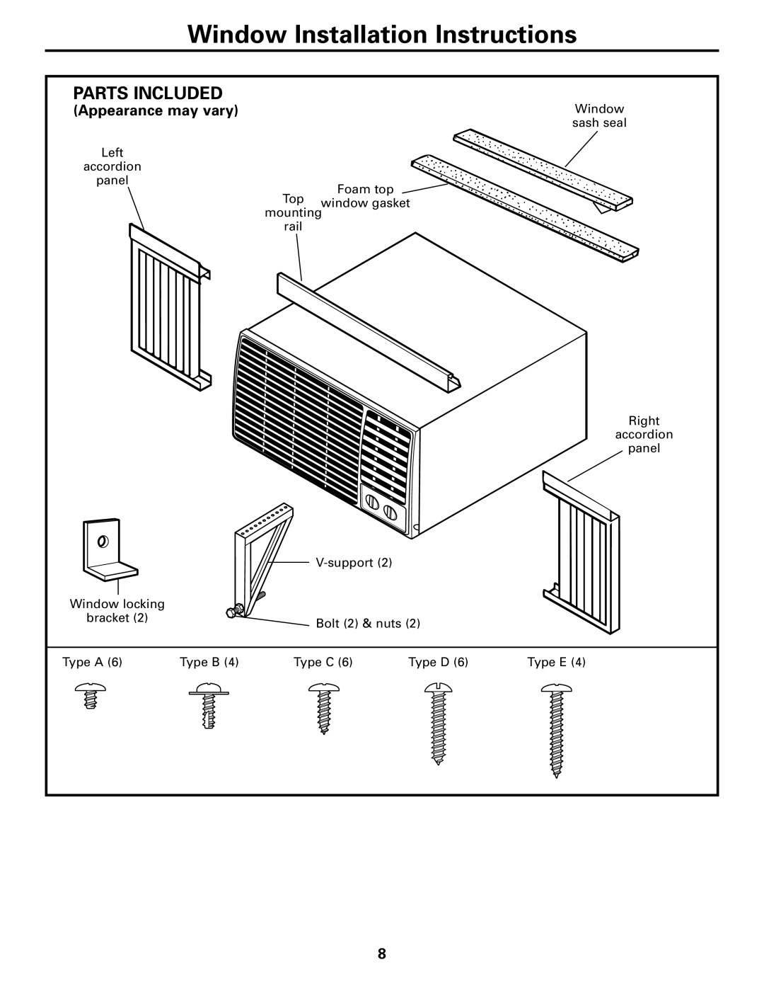 GE AEE18 owner manual Window Installation Instructions, Parts Included 