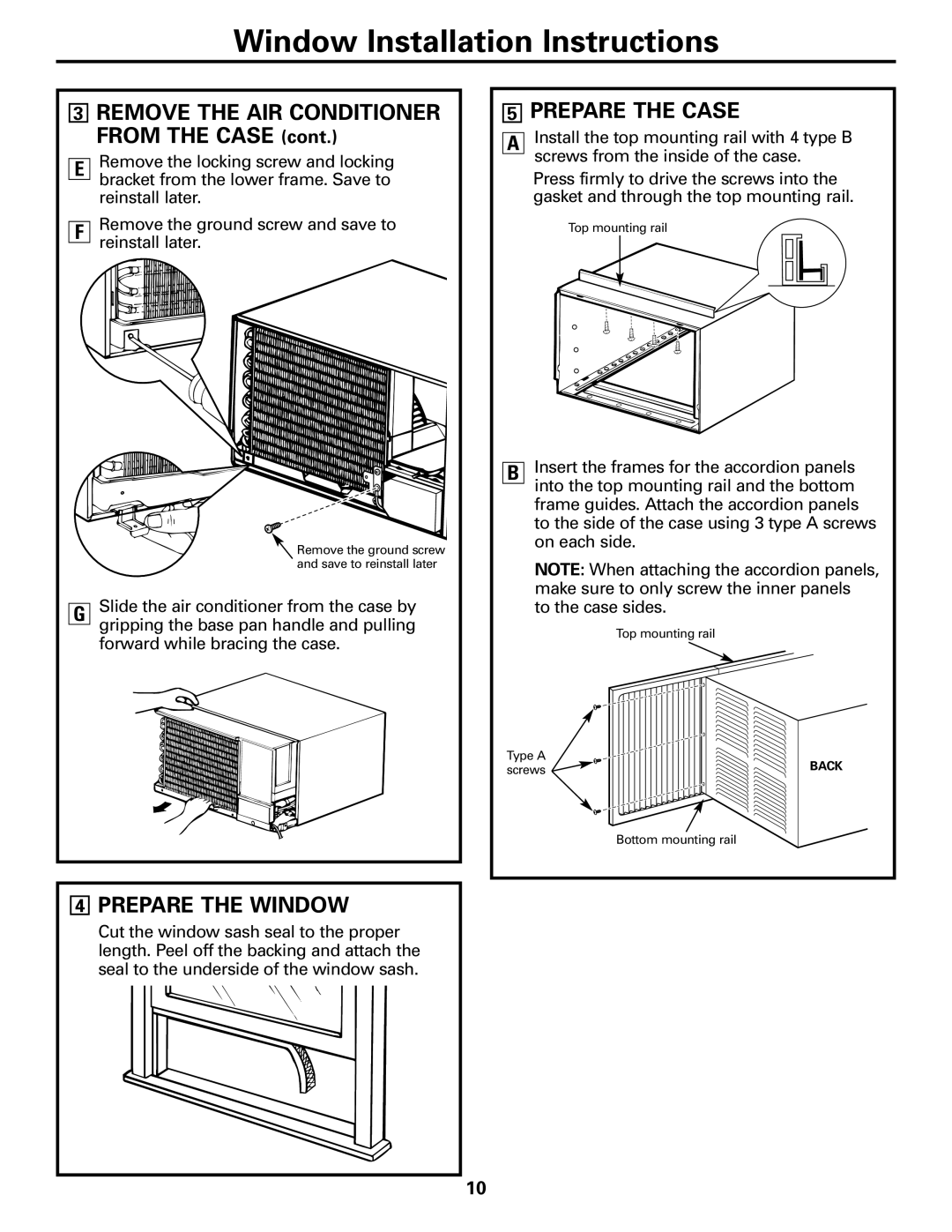 GE AEE18 owner manual 4PREPARE THE WINDOW, 5PREPARE THE CASE, 3REMOVE THE AIR CONDITIONER FROM THE CASE cont 