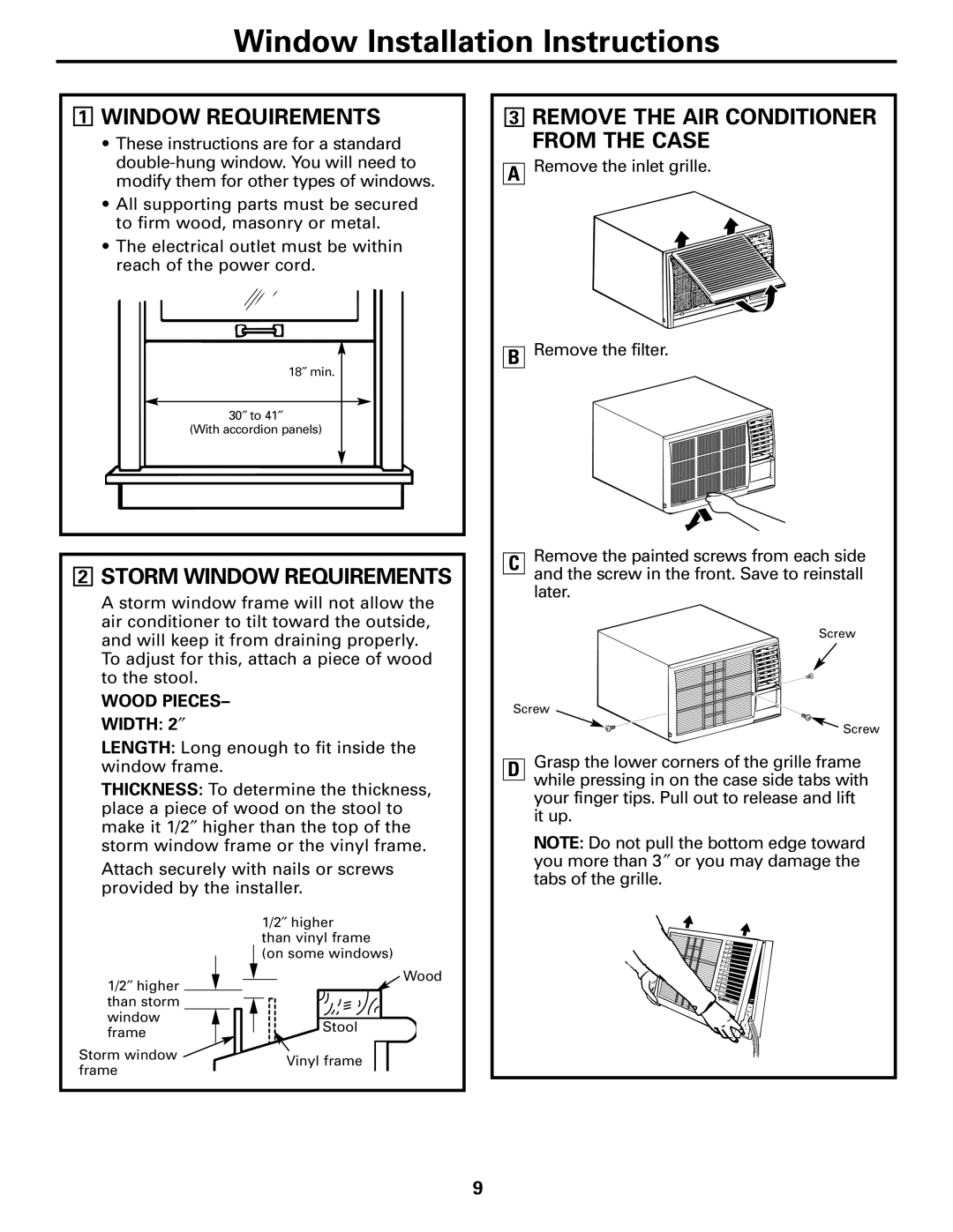 GE AEE18 owner manual 1WINDOW REQUIREMENTS, 2STORM WINDOW REQUIREMENTS, 3REMOVE THE AIR CONDITIONER FROM THE CASE 