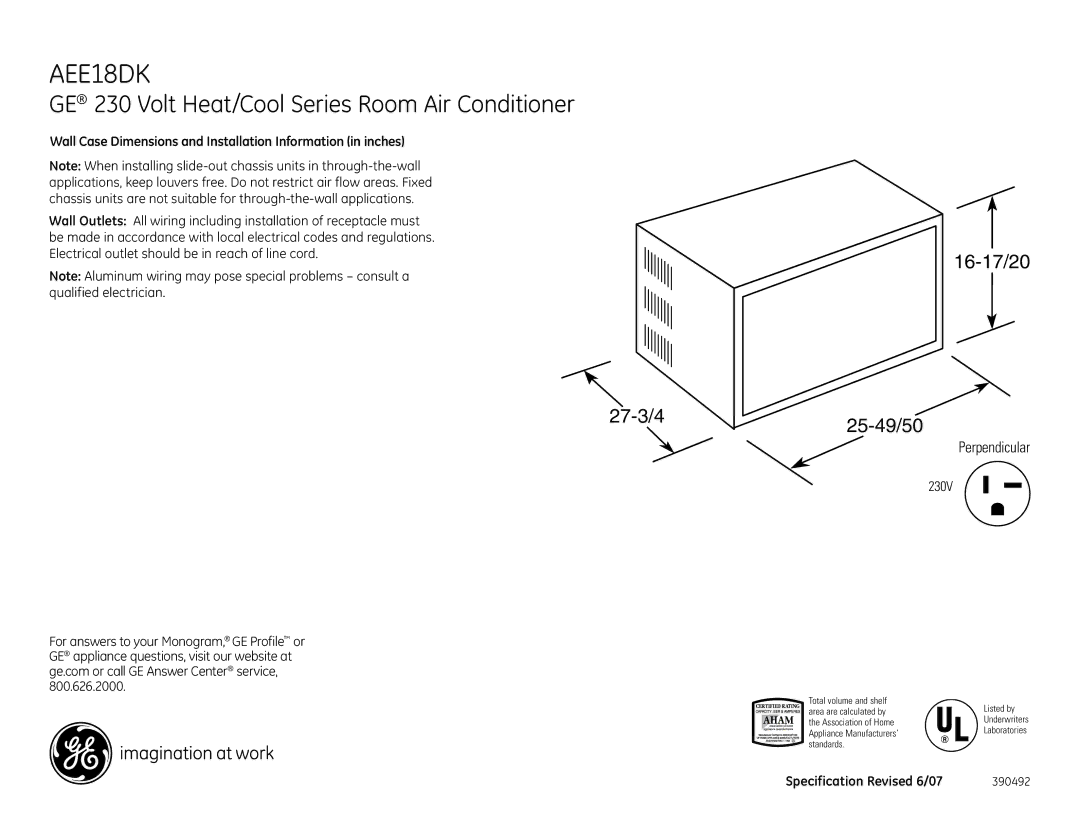 GE AEE18DK dimensions GE 230 Volt Heat/Cool Series Room Air Conditioner, 27-3/4 16-17/20 25-49/50, Perpendicular 