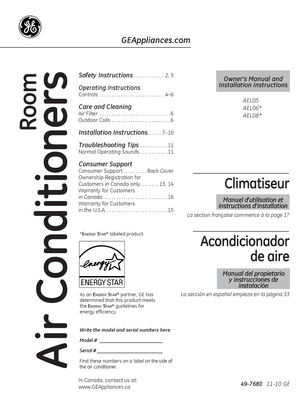 GE AEL06, AEL08, AEL05 installation instructions 49-7680 11-10 GE, Canada, contact us at, Www .GEAppliances .ca 