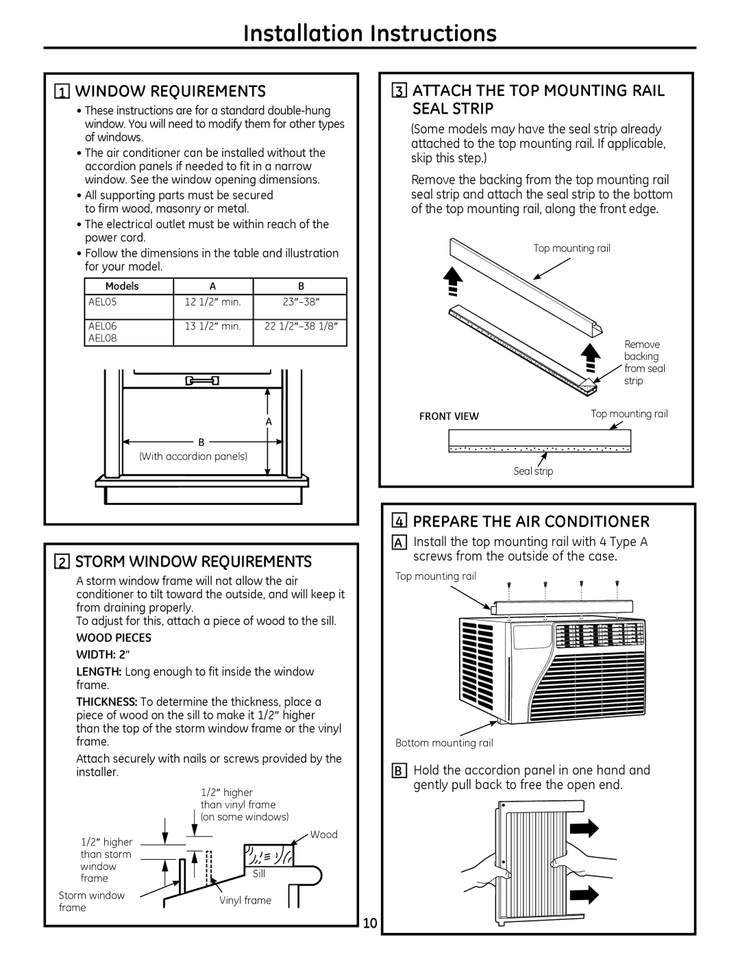 GE AEL06, AEL08, AEL05 Storm Window Requirements, Attach the TOP Mounting Rail Seal Strip, Prepare the AIR Conditioner 