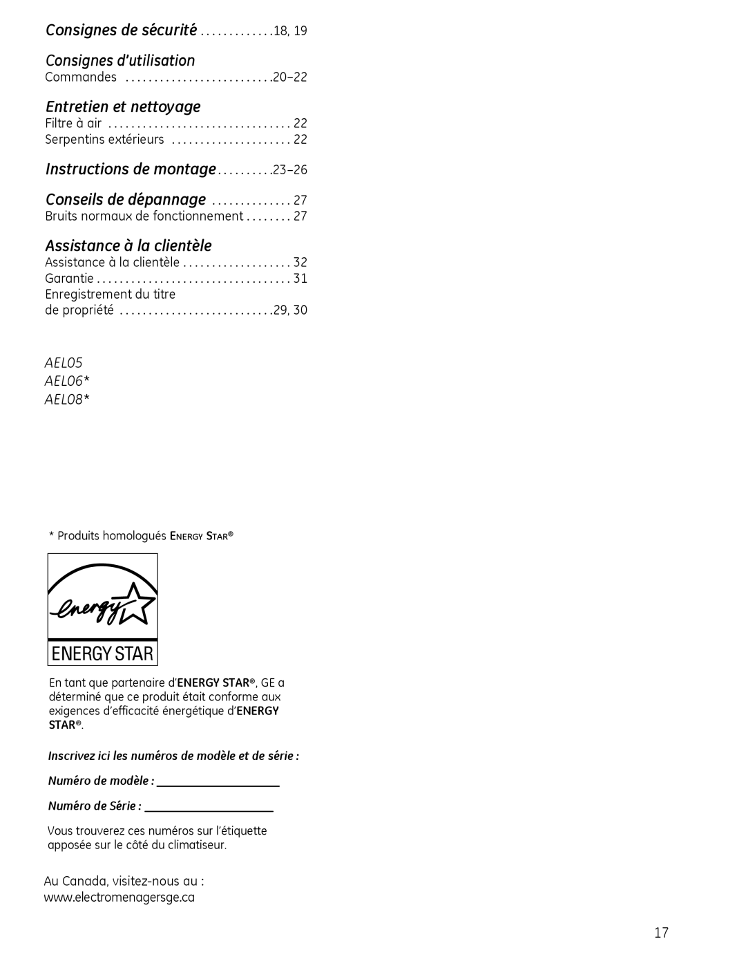 GE AEL05, AEL08, AEL06 Consignes de sécurité . . . . . . . . . . . . .18, Enregistrement du titre, 20-22, Numéro de Série 