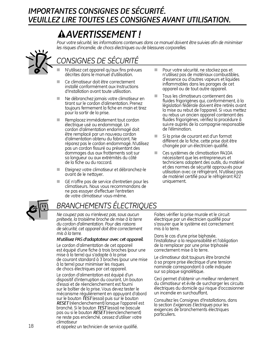 GE AEL08 De votre climatiseur vous-même, Le cordon d’alimentation de cet appareil, Mise à la terre qui s’adapte à la prise 