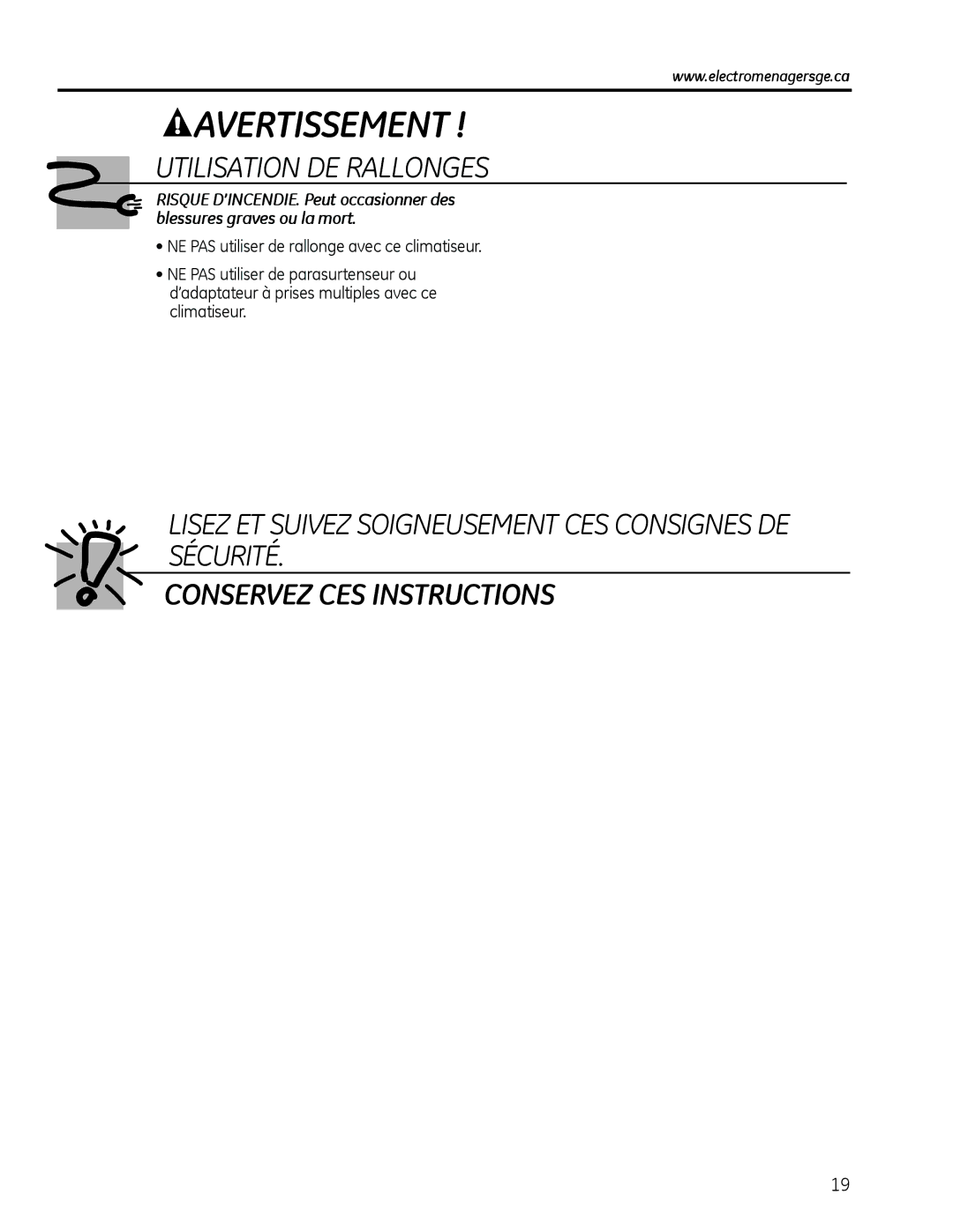 GE AEL06, AEL08, AEL05 installation instructions Conservez CES Instructions 