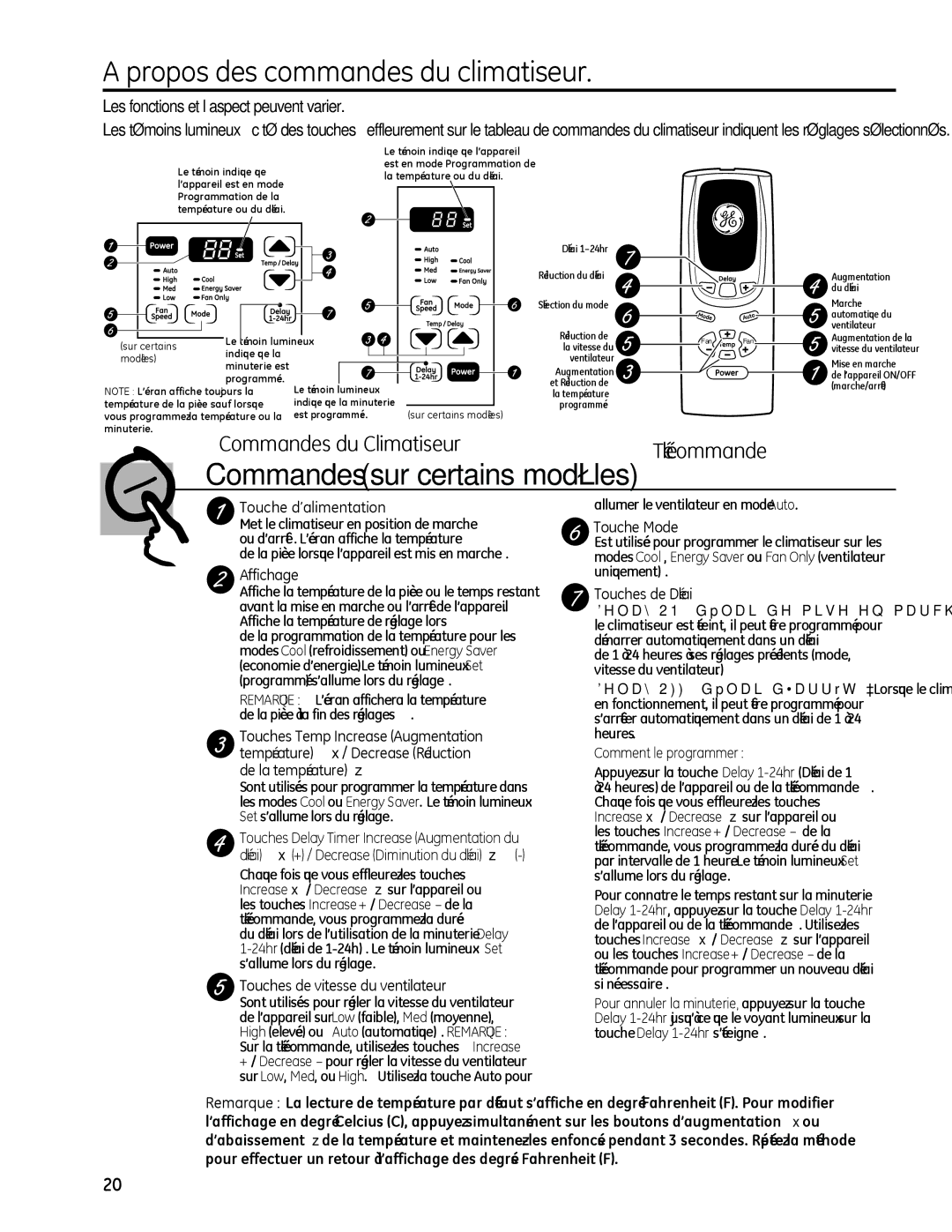 GE AEL05, AEL08, AEL06 installation instructions Propos des commandes du climatiseur 