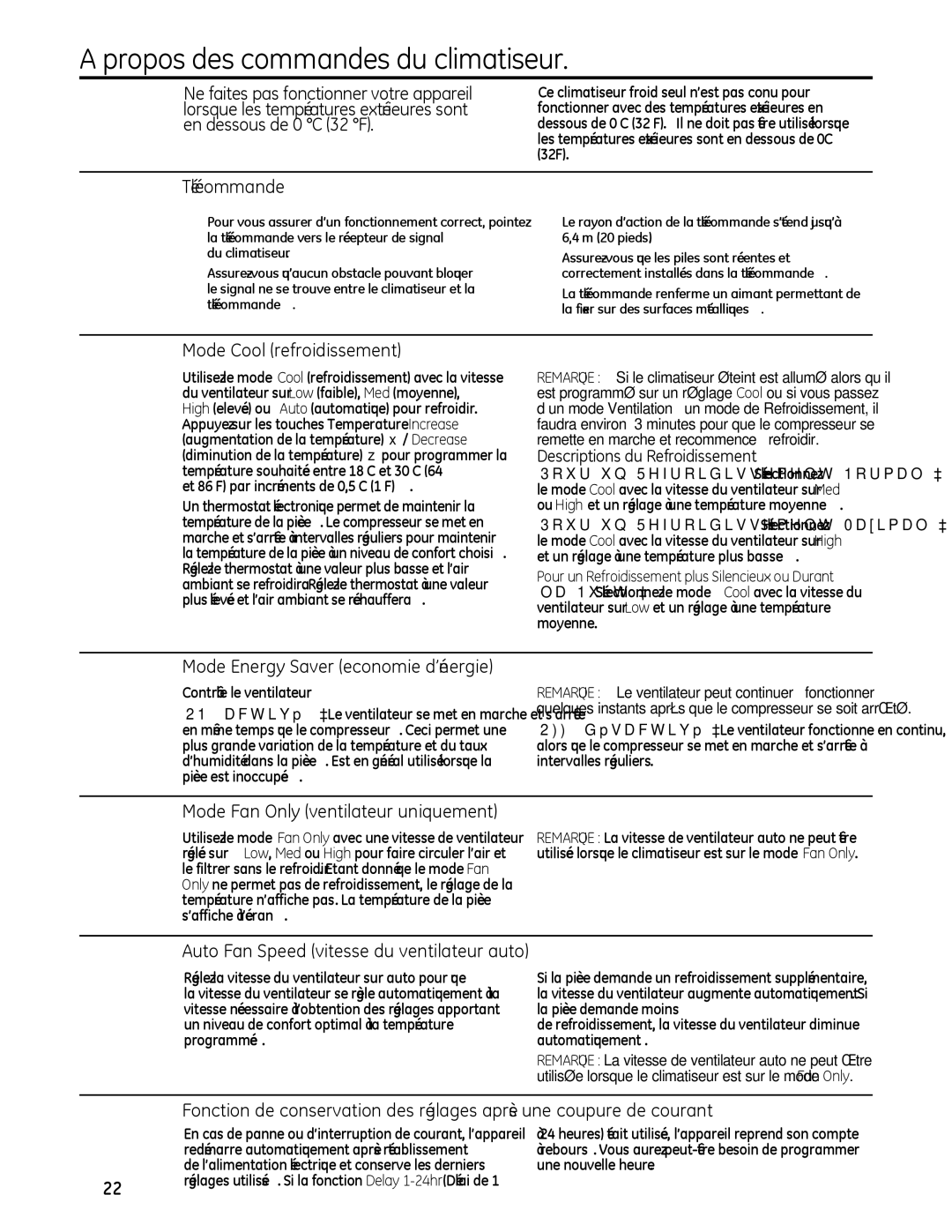 GE AEL06, AEL08, AEL05 Télécommande, Mode Cool refroidissement, Mode Fan Only ventilateur uniquement 