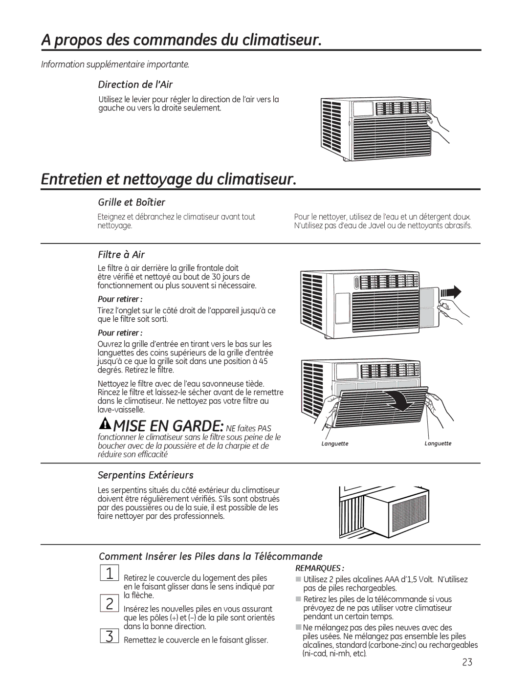 GE AEL05, AEL08, AEL06 installation instructions Entretien et nettoyage du climatiseur, Mise EN Garde NE faites PAS 