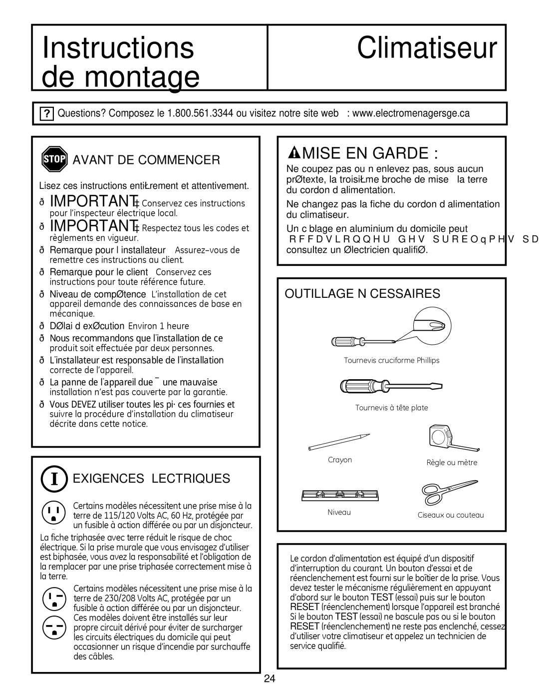 GE AEL08, AEL06, AEL05 installation instructions Avant DE Commencer, Exigences Électriques, Outillage Nécessaires 