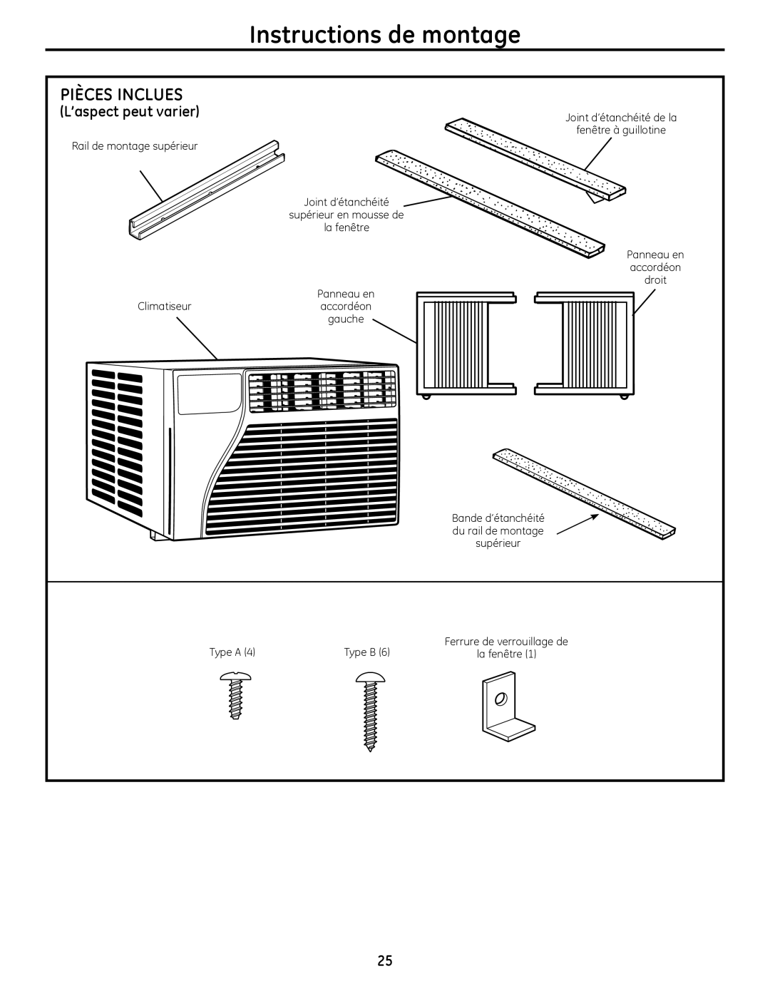 GE AEL06, AEL08, AEL05 installation instructions Instructions de montage, Pièces Inclues 