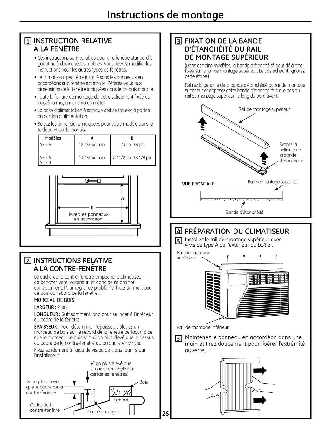 GE AEL05, AEL08, AEL06 installation instructions Préparation DU Climatiseur, Instruction Relative À LA Fenêtre 