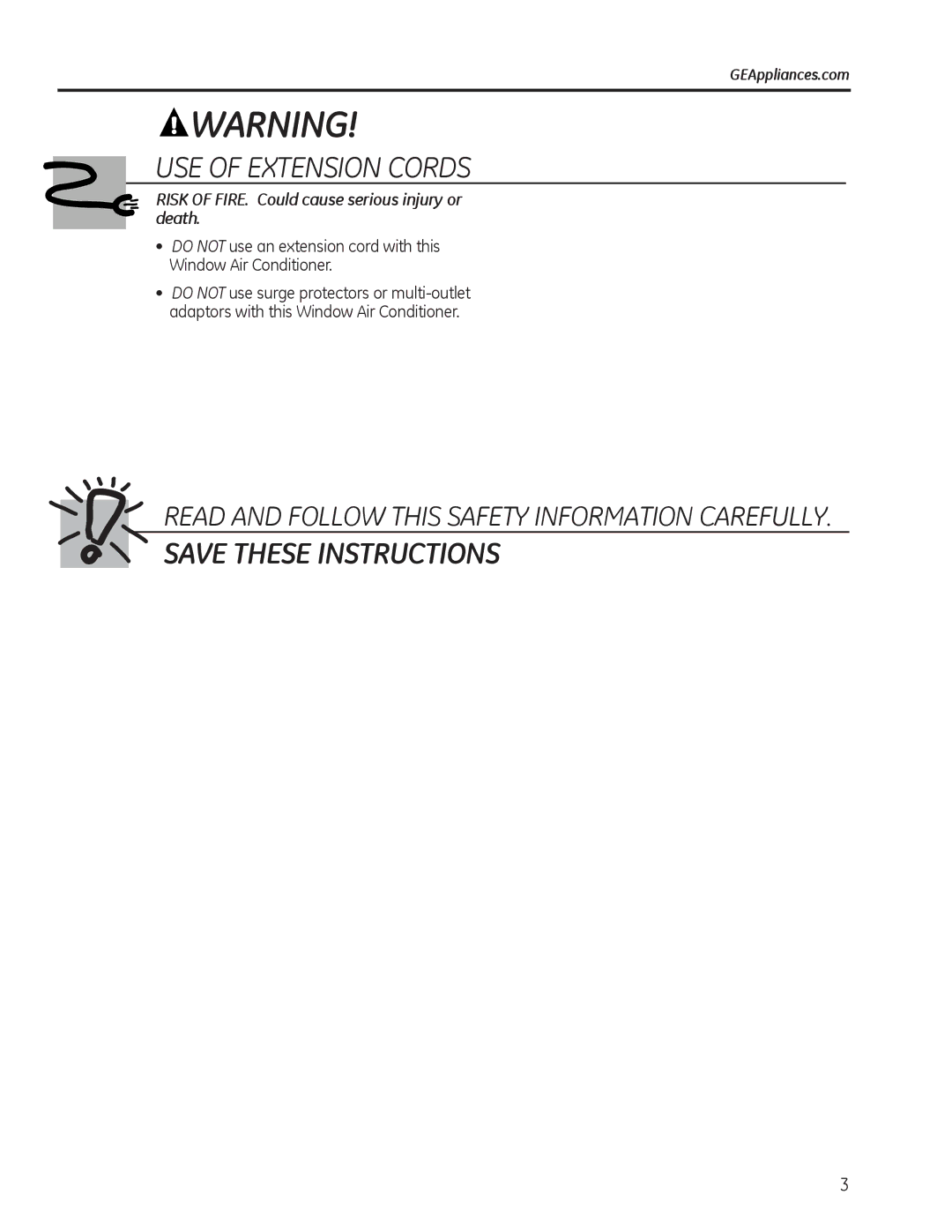 GE AEL08, AEL06, AEL05 installation instructions Risk of FIRE. Could cause serious injury or death, GEAppliances.com 