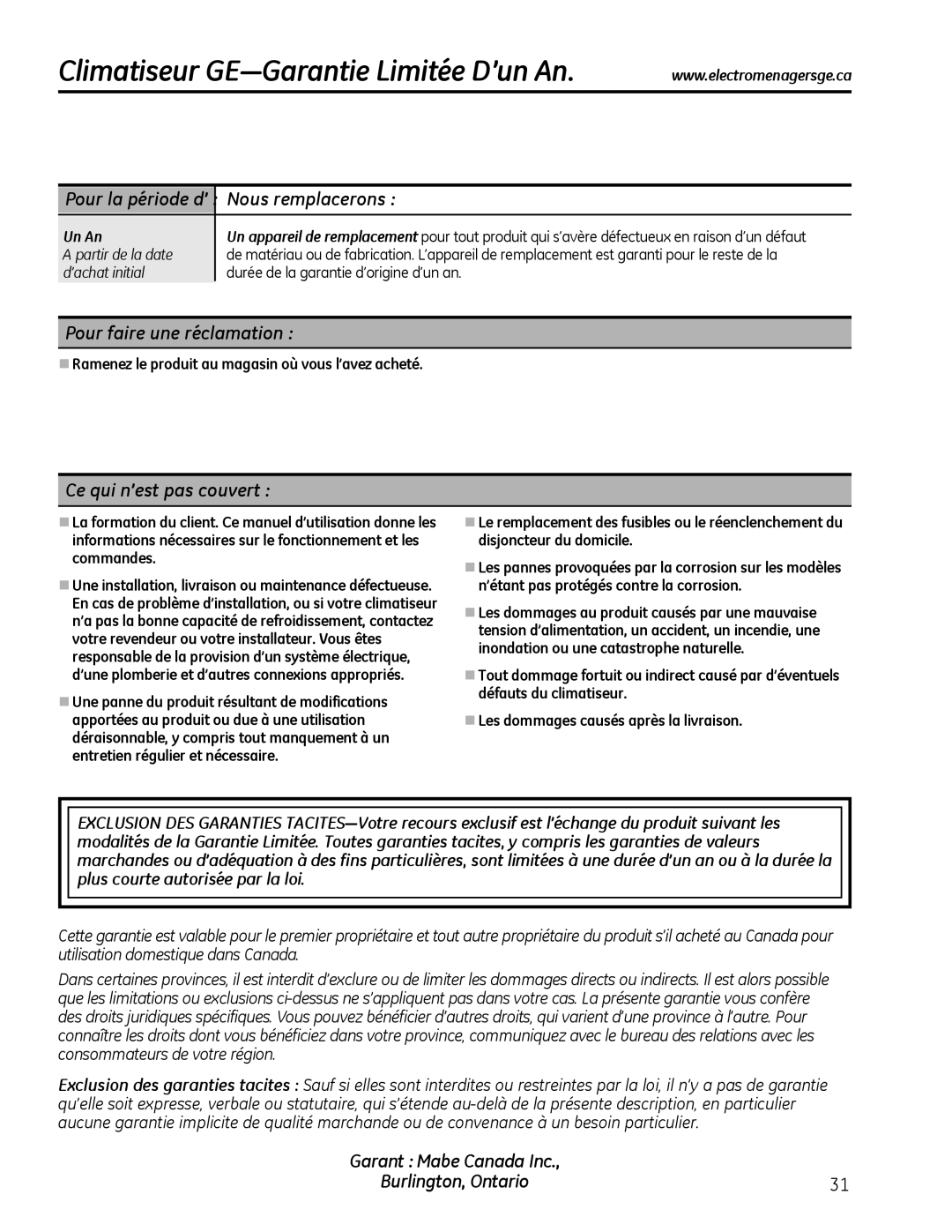 GE AEL06, AEL08 Climatiseur GE-Garantie Limitée D’un An, Pour la période d’ Nous remplacerons, Pour faire une réclamation 