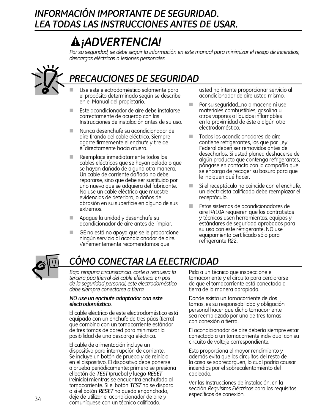 GE AEL06, AEL08, AEL05 installation instructions ¡Advertencia, No use un enchufe adaptador con este electrodoméstico 