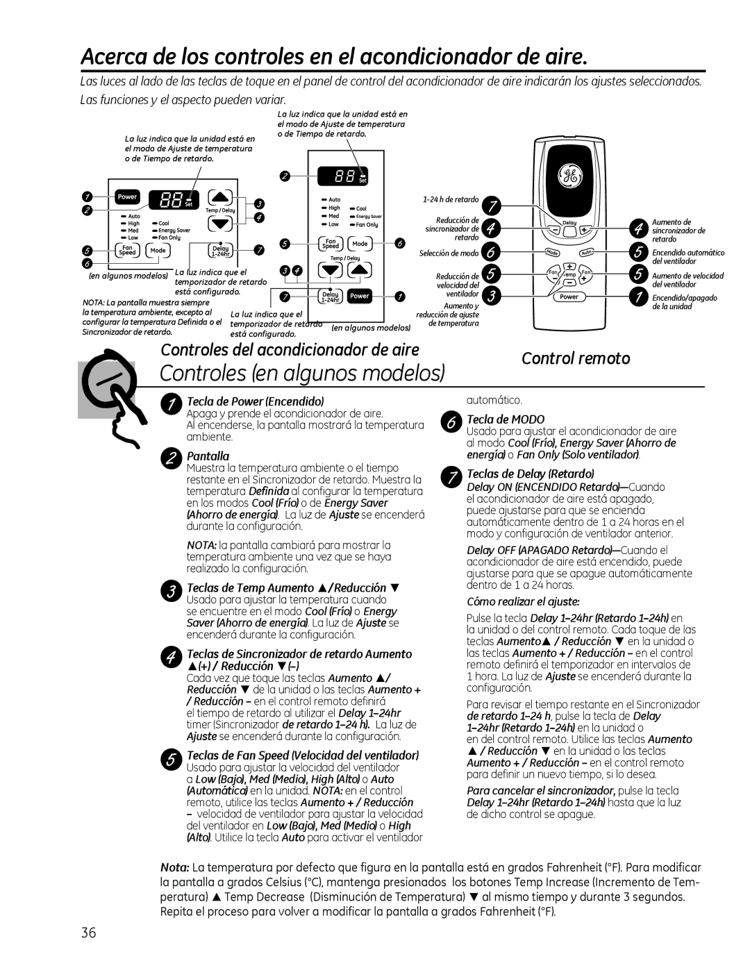 GE AEL08, AEL06, AEL05 Acerca de los controles en el acondicionador de aire, Controles en algunos modelos 