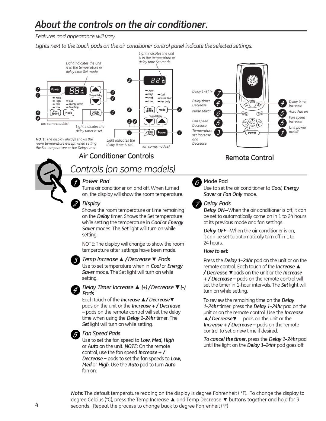 GE AEL06, AEL08, AEL05 installation instructions About the controls on the air conditioner 