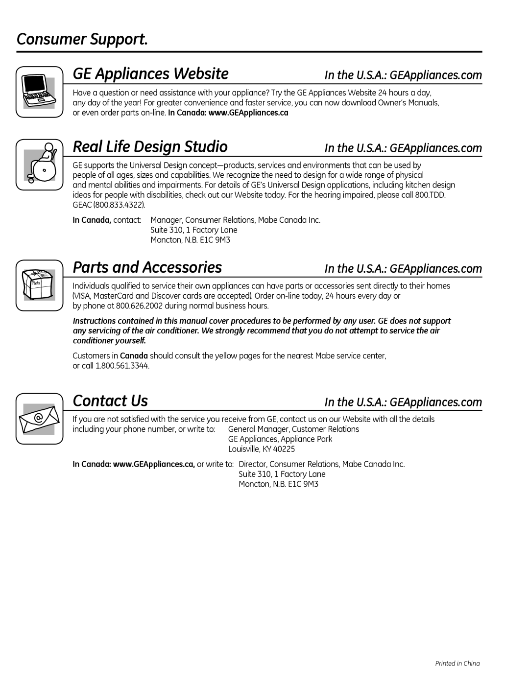 GE AEL08, AEL06, AEL05 Consumer Support GE Appliances Website, Real Life Design Studio, Parts and Accessories, Contact Us 