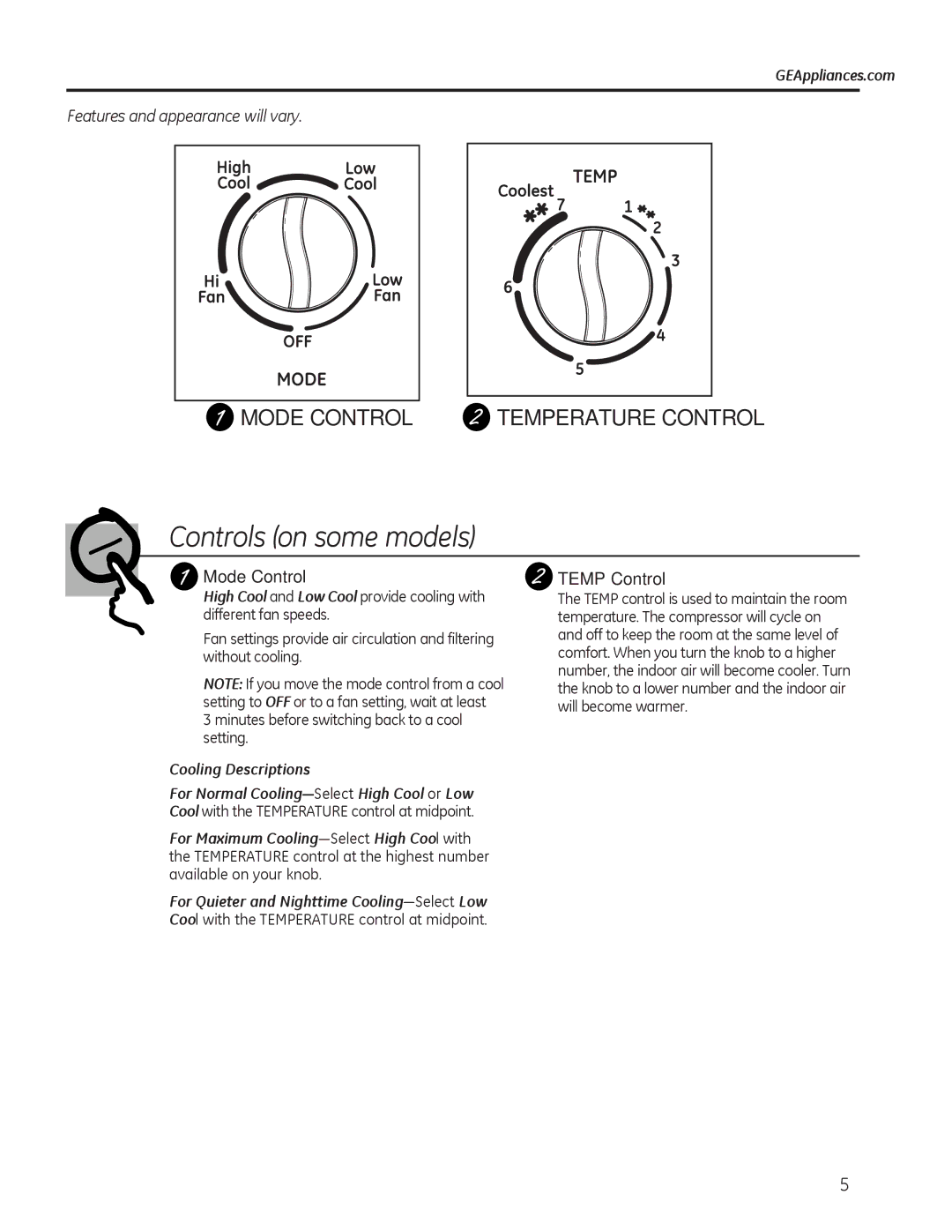 GE AEL05, AEL08, AEL06 installation instructions Mode Control, Temp Control, Cooling Descriptions 