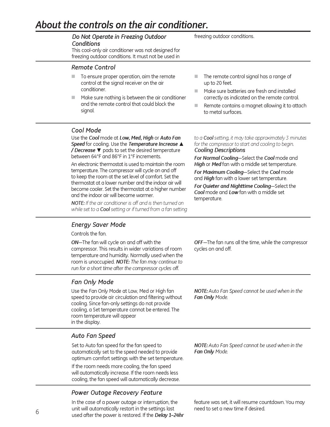 GE AEL08 Do Not Operate in Freezing Outdoor, Conditions, Remote Control, Cool Mode, Energy Saver Mode, Fan Only Mode 