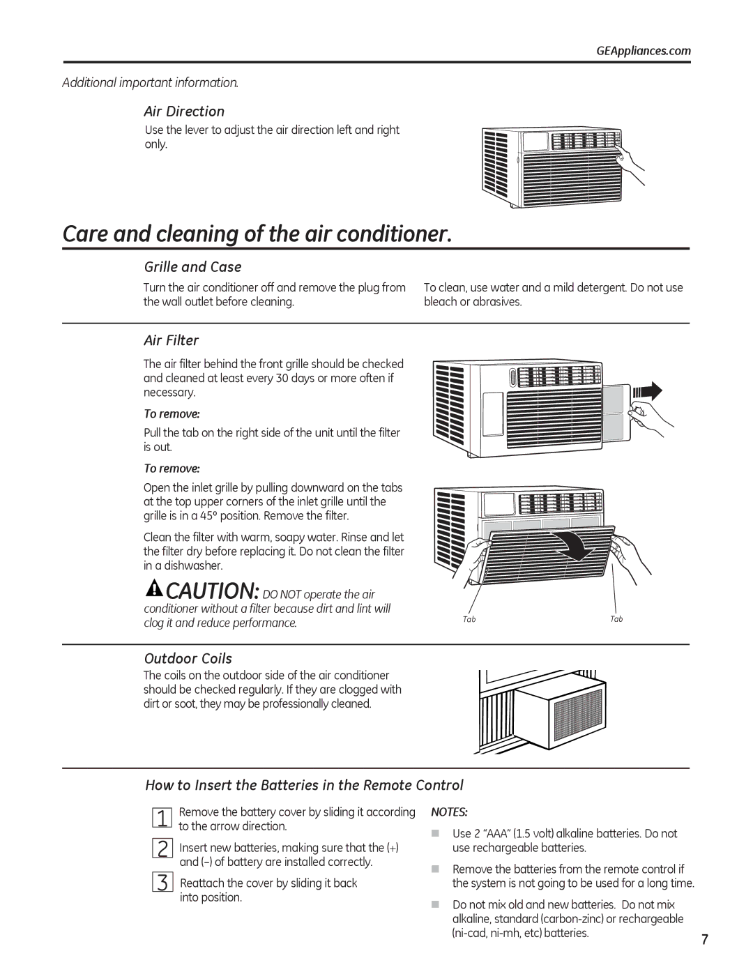 GE AEL06, AEL08, AEL05 installation instructions Care and cleaning of the air conditioner 