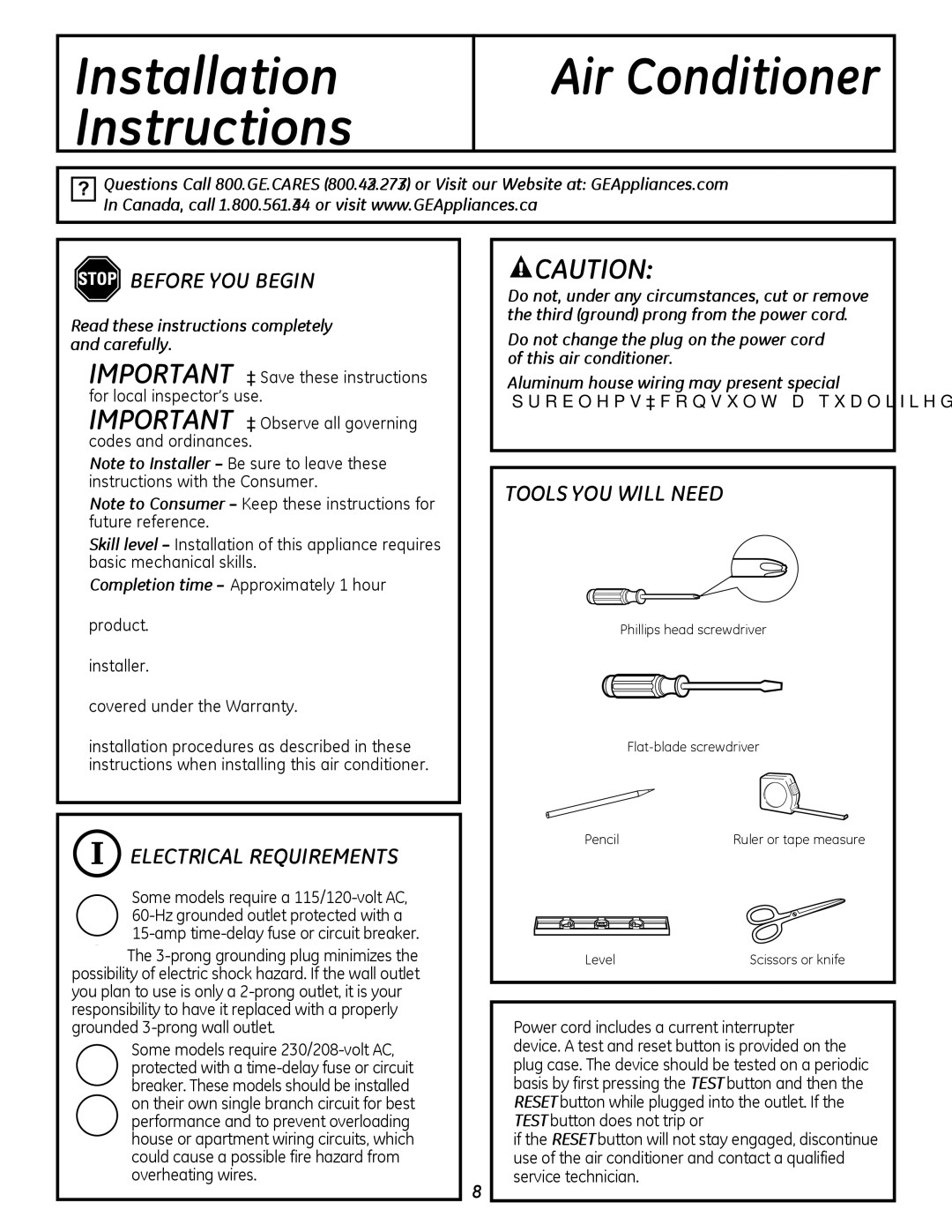 GE AEL05 Before YOU Begin, Electrical Requirements, Tools YOU will Need, Read these instructions completely and carefully 