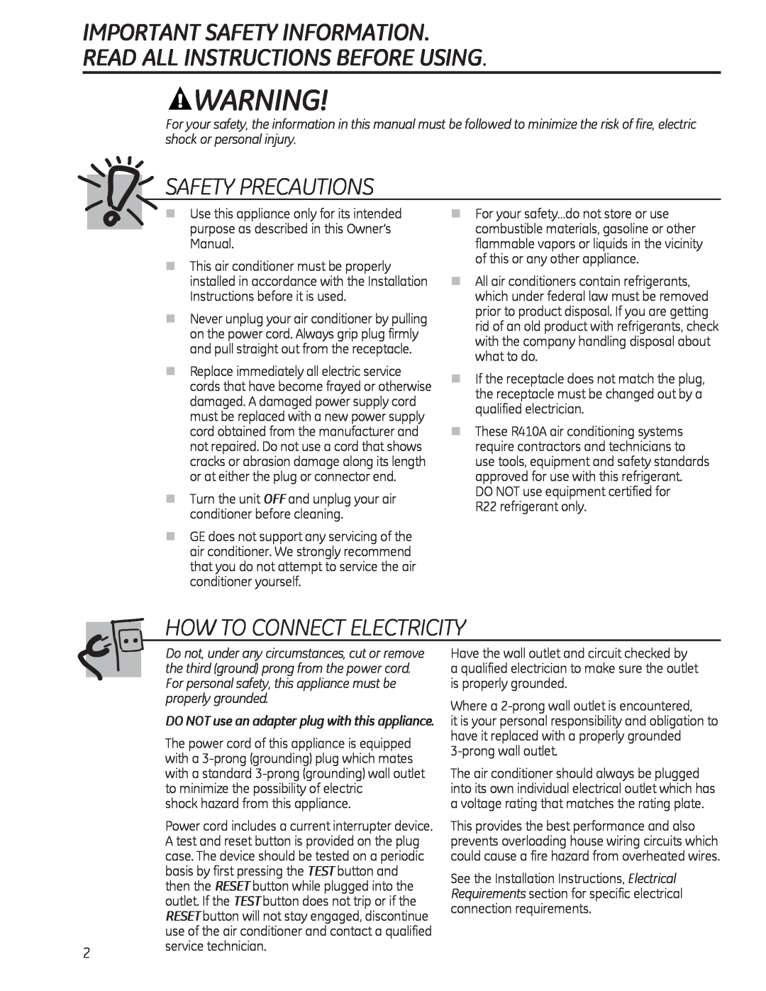 GE AEL05 Important Safety Information, Read All Instructions Before Using, Safety Precautions, How To Connect Electricity 