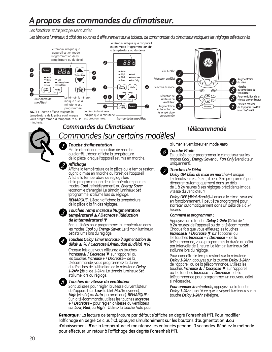 GE AEL05, AEL08 A propos des commandes du climatiseur, Télécommande, Les fonctions et l’aspect peuvent varier, Affichage 
