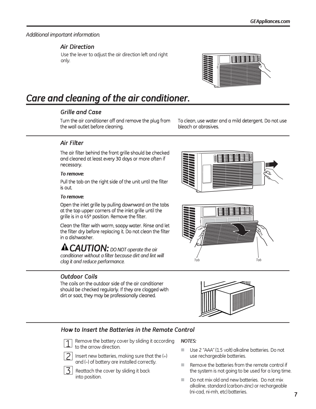 GE AEL06 Care and cleaning of the air conditioner, Air Direction, Grille and Case, Air Filter, Outdoor Coils, To remove 