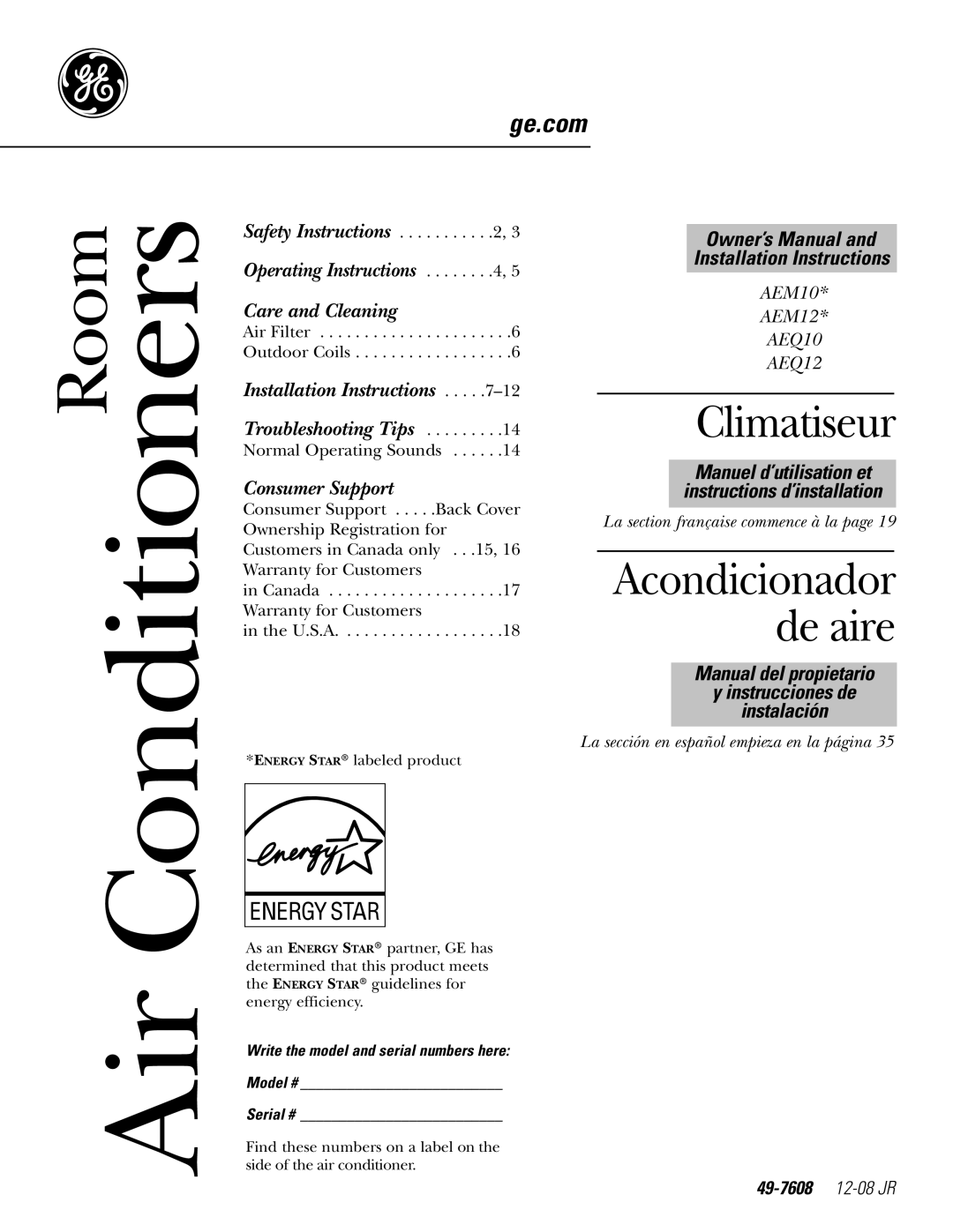 GE AEM10 owner manual 49-7608 12-08 JR, Write the model and serial numbers here Model # Serial # 