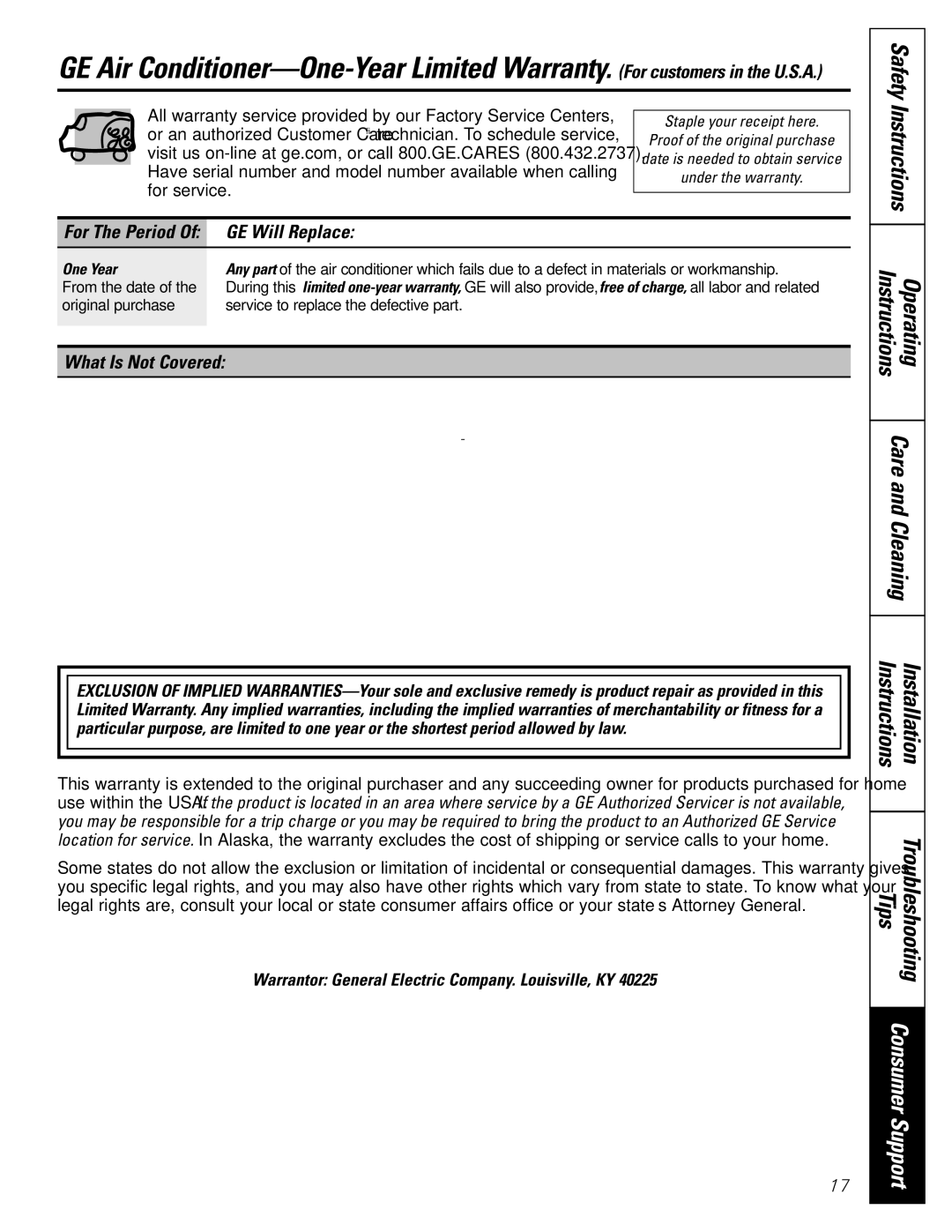 GE AEM10 Instructions Installation Troubleshooting, GE Will Replace, Warrantor General Electric Company. Louisville, KY 