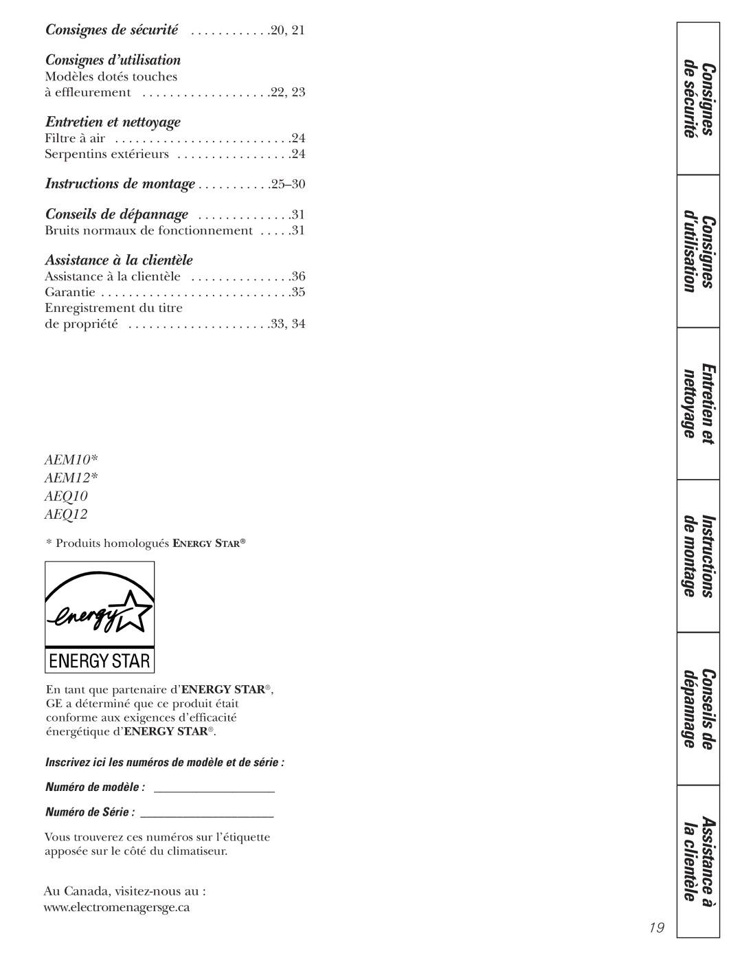 GE AEM10 owner manual ’utilisation Consignes, Entretien et nettoyage 