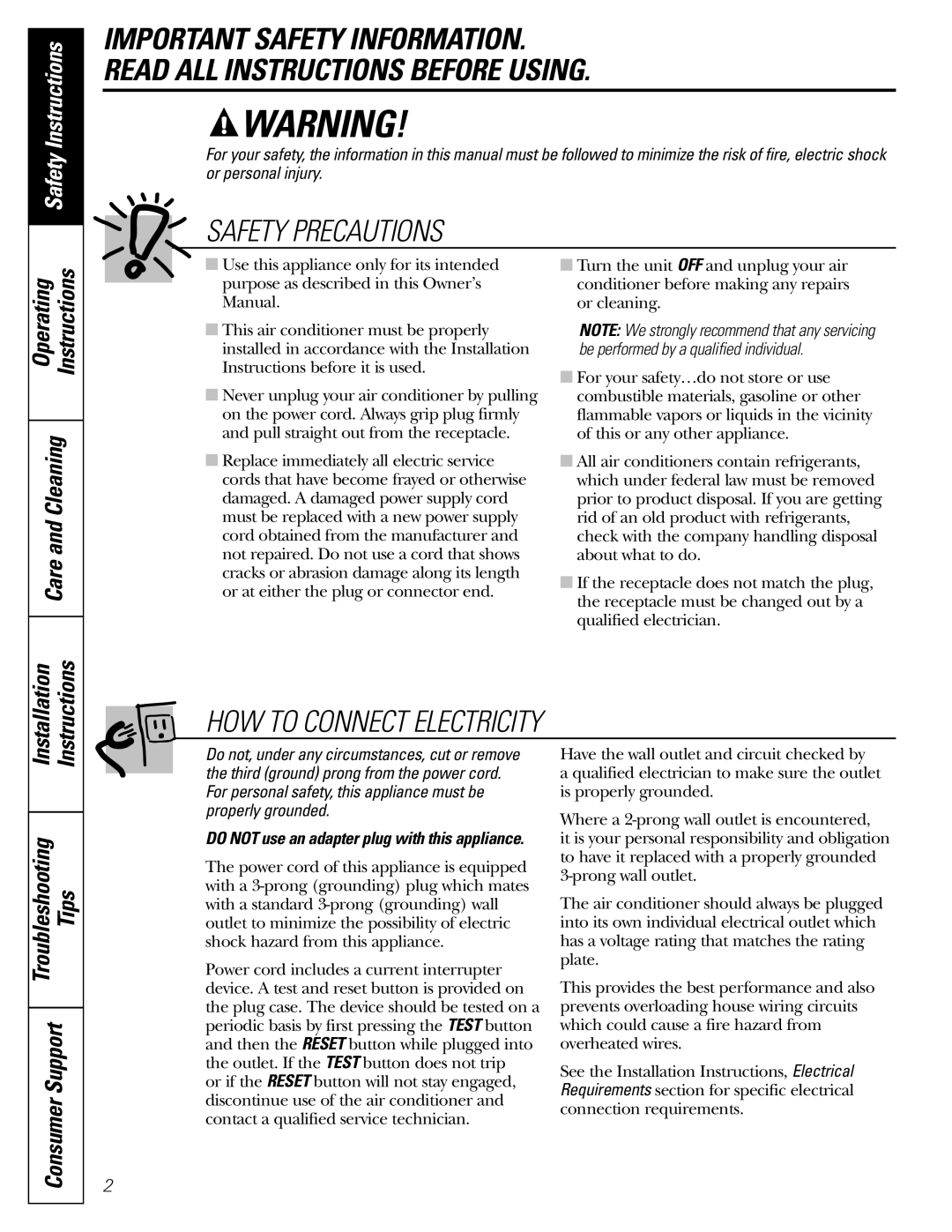 GE AEM10 owner manual Tips Consumer Support, Do not use an adapter plug with this appliance 