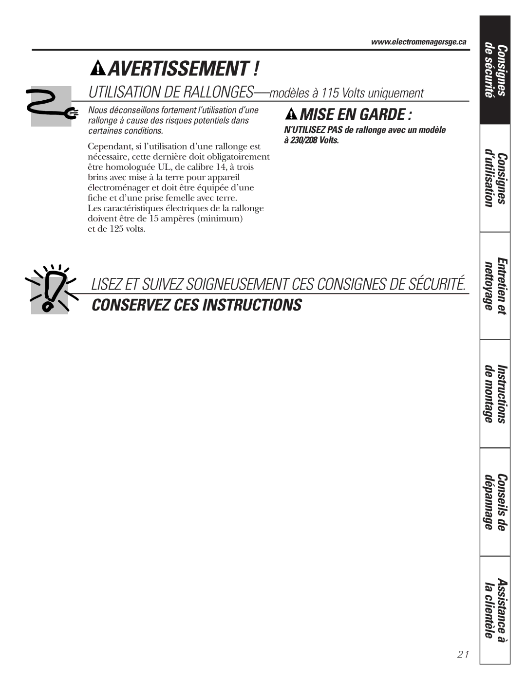 GE AEM10 Utilisation DE RALLONGES-modèles à 115 Volts uniquement, ’UTILISEZ PAS de rallonge avec un modèle à 230/208 Volts 