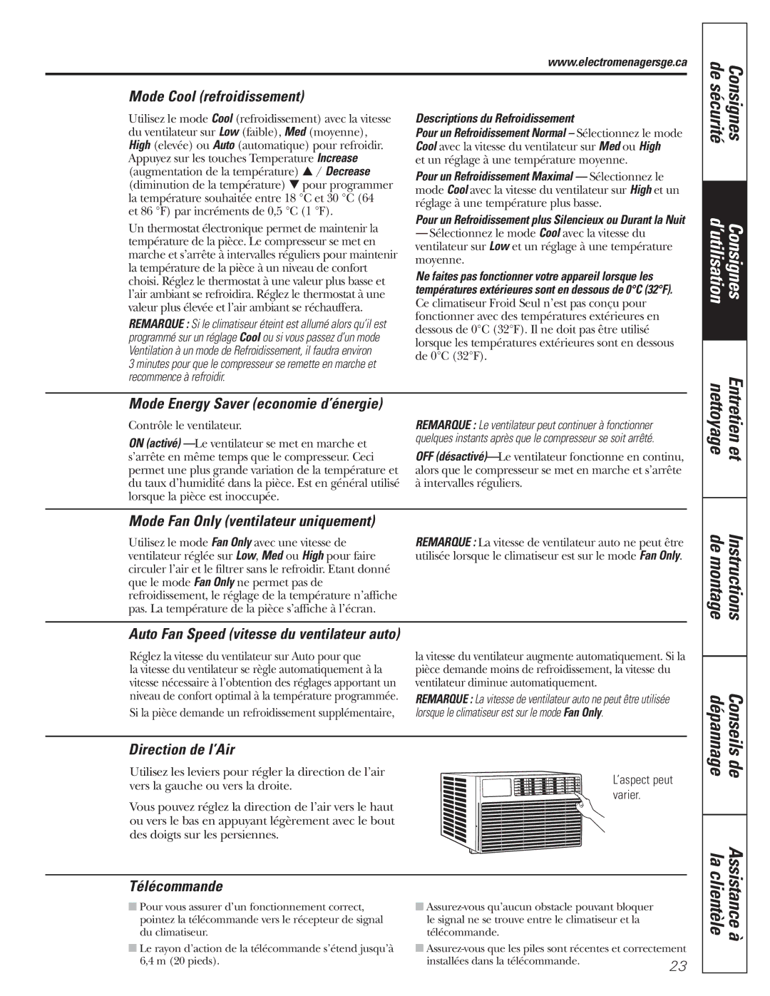 GE AEM10 owner manual Mode Cool refroidissement, Mode Fan Only ventilateur uniquement, Direction de l’Air, Télécommande 