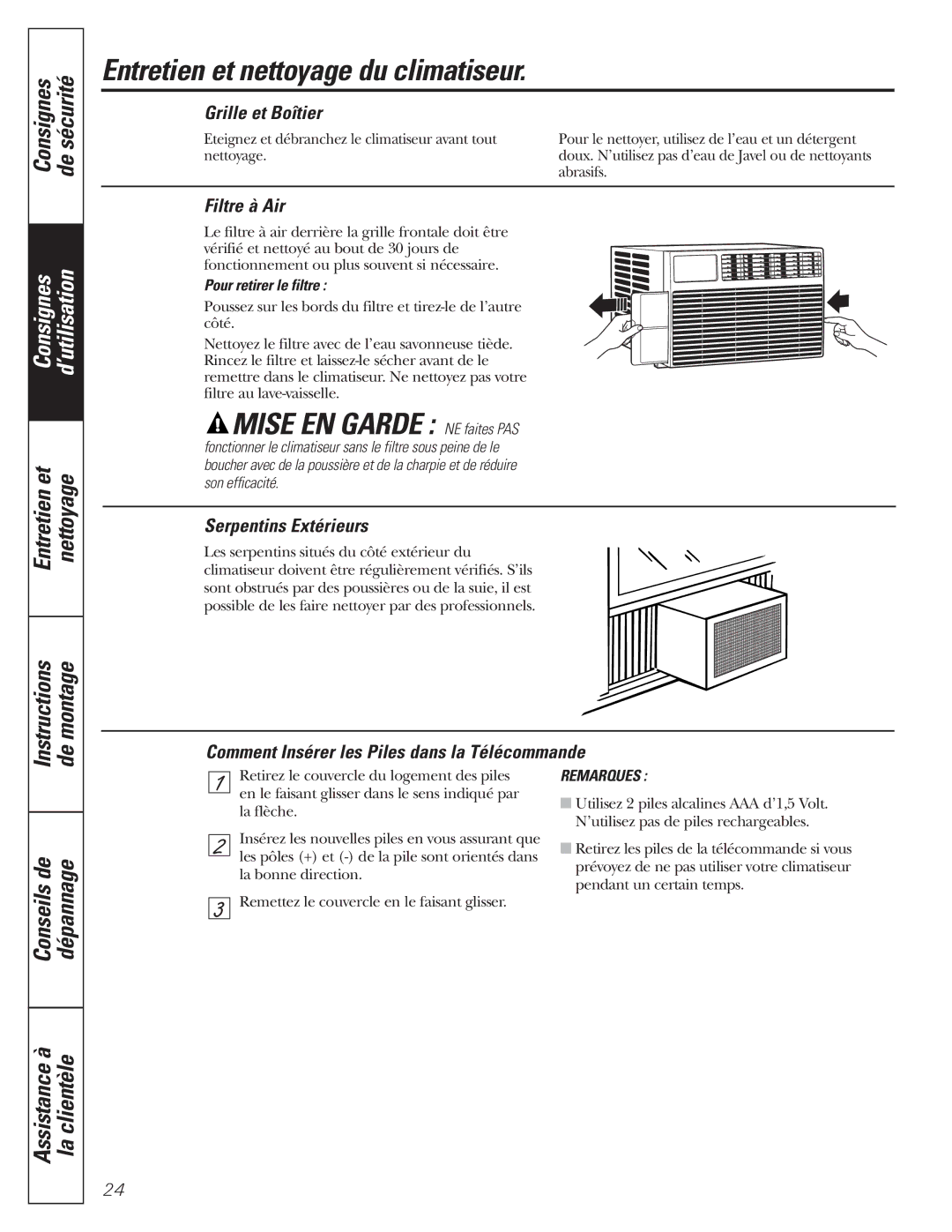 GE AEM10 owner manual Entretien et nettoyage du climatiseur, Mise EN Garde NE faites PAS 