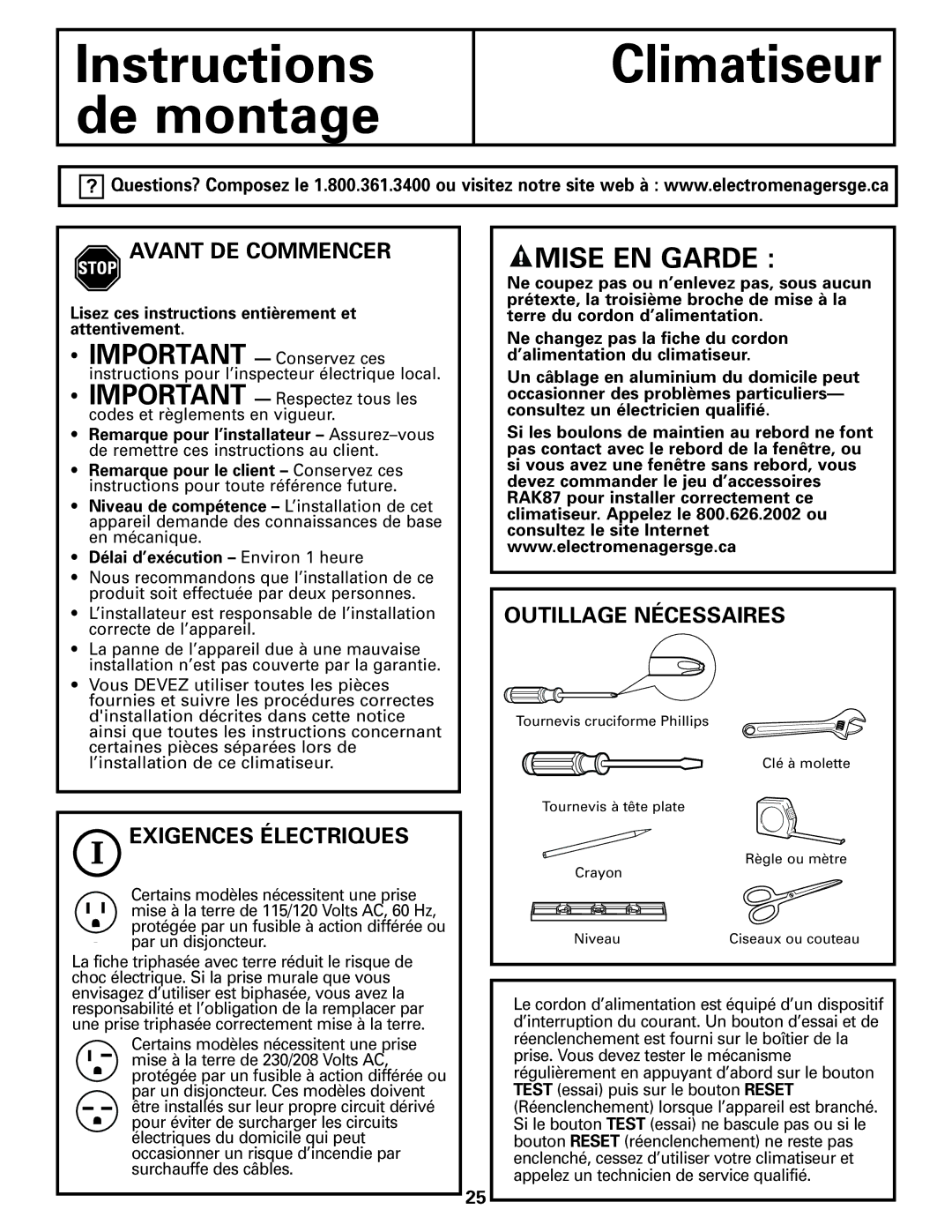 GE AEM10 owner manual Avant DE Commencer, Exigences Électriques, Outillage Nécessaires 