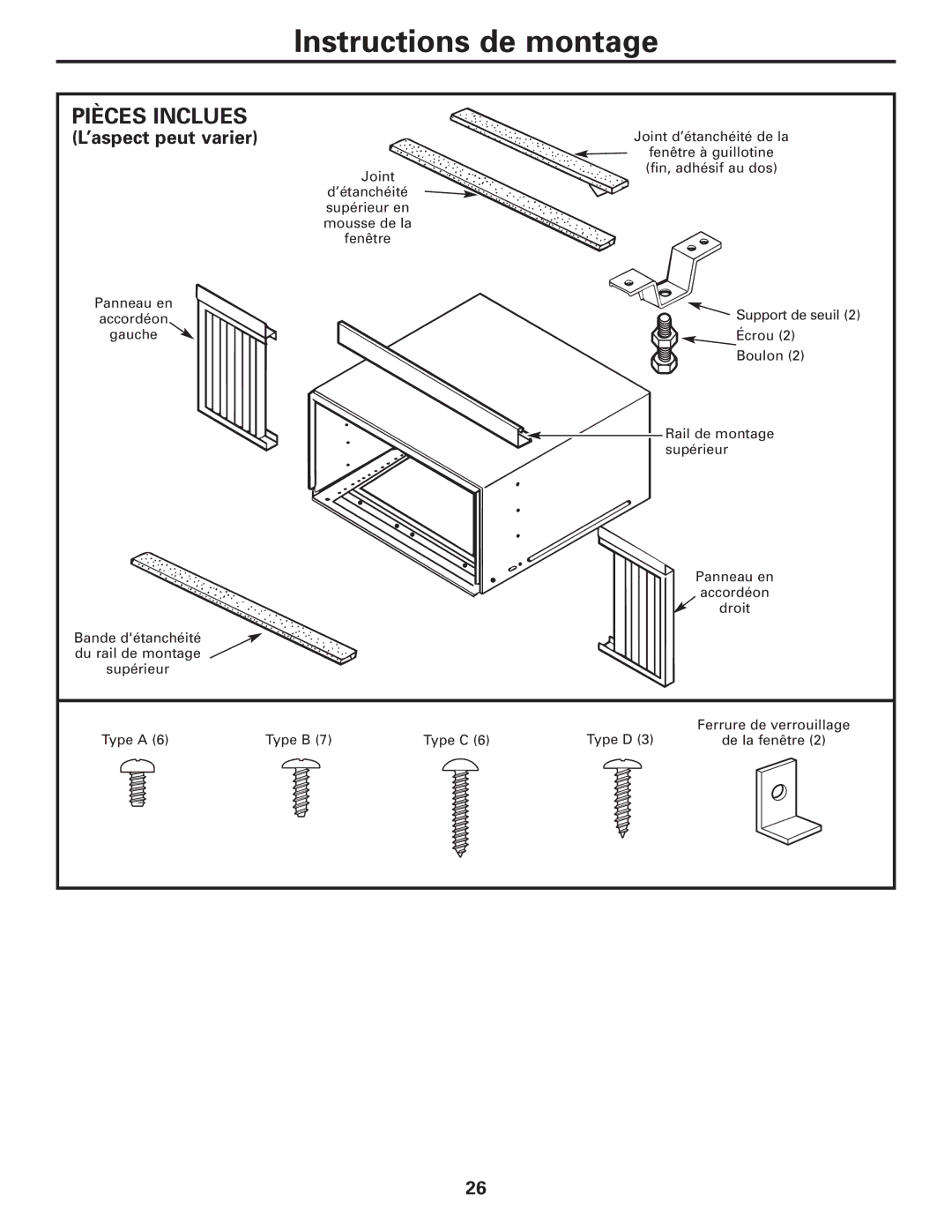 GE AEM10 owner manual Instructions de montage, Pièces Inclues 