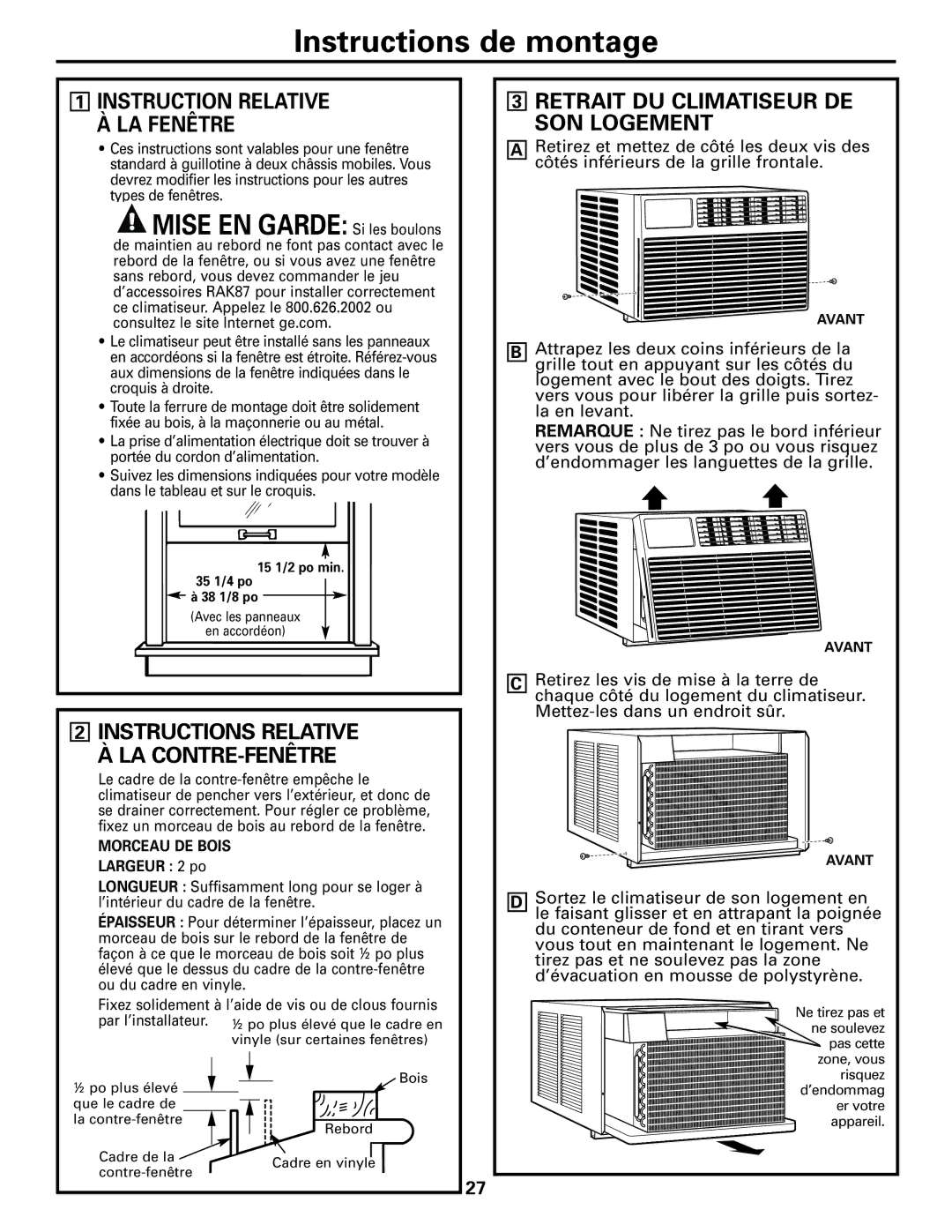 GE AEM10 Instruction Relative LA Fenêtre, Instructions Relative LA CONTRE-FENÊTRE, Retrait DU Climatiseur DE SON Logement 